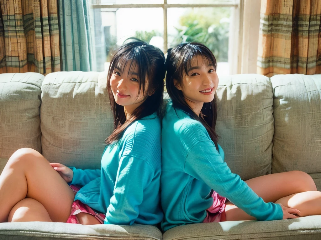 1. Disposable camera, low ISO, cozy home setting: Identical twin sisters sitting on a worn couch in their living room, surrounded by mismatched cushions. One twin leans back with a relaxed smile, while the other rests her head on her hand, appearing sleepy. The grainy texture emphasizes the warmth of the scene.