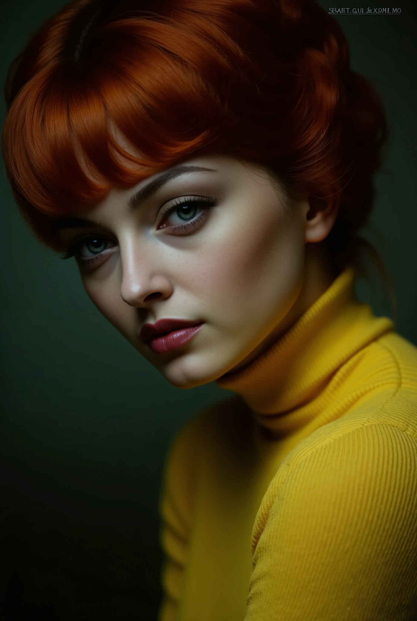 A tall girl with short red hair, black eyes with dark circles and a wide nose. deep yellow turttleneck outfit
