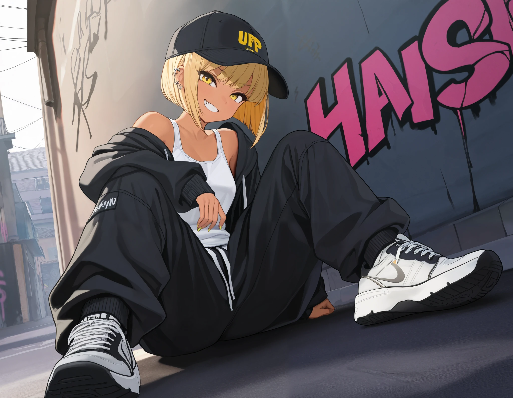 (best quality, highest quality:1.2), masterpiece, top quality, ultra high definition, rich contrasts, HD,8k, High Definition CG Unit Wallpaper, texture , Unbelievably Absurd, ultra high definition, RAW photos ,Deep border 1 .2, very detailed, back alley, ceiling, Sitting one's knees up, spread legs, Leaning against a graffiti wall, dutch angle,
bimbo, cute, streetwear, ((oversized Lower pants, street style, sneakers)), There are many piercings, street cap, put on a off shoulder black open hoodie,
glamorous, grin, fang, yellow eyes, blonde bob hair, tan,