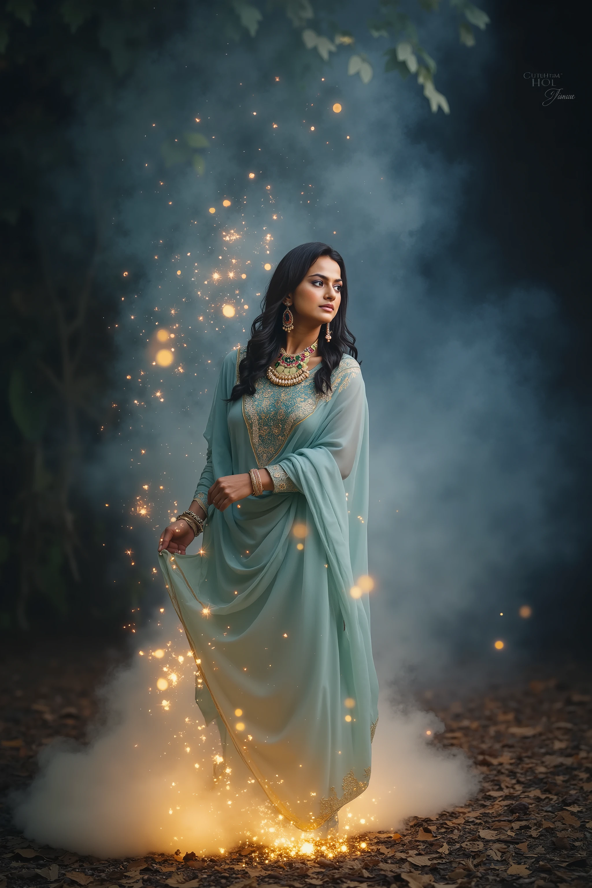 The woman stands in the glowing mist upper half body , arms slightly raised as fireflies swirl around her, their golden trails forming intricate patterns. The light blue fabric of her Anarkali dress flows with her subtle movement. The scene glows with magical realism, deep forest in the background