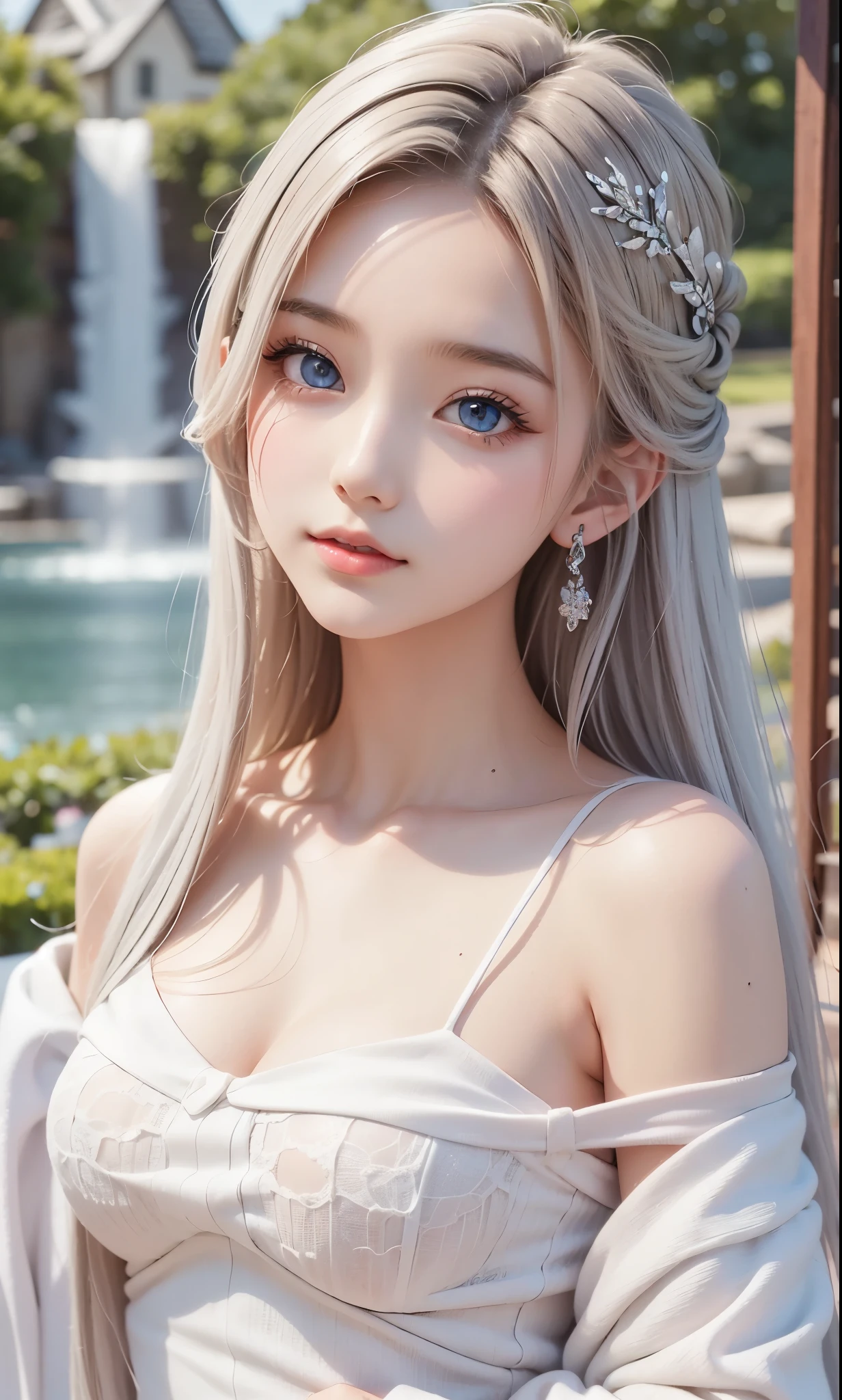 There is a woman in a white dress, artwork in the style of Gwaiz, Gwaiz on pixiv artstation, Gwaiz on artstation pixiv, Gwaiz, Fantasy art style, Gwaiz masterpiece, Beautiful and elegant queen, Beautiful character drawings, Detailed digital anime art, Blonde Princess, Gray Hair, Sky blue eyes, Pink Lips, off shoulder, cool girl face, beautiful eyes, face type, reika, Tilt her head, from up side