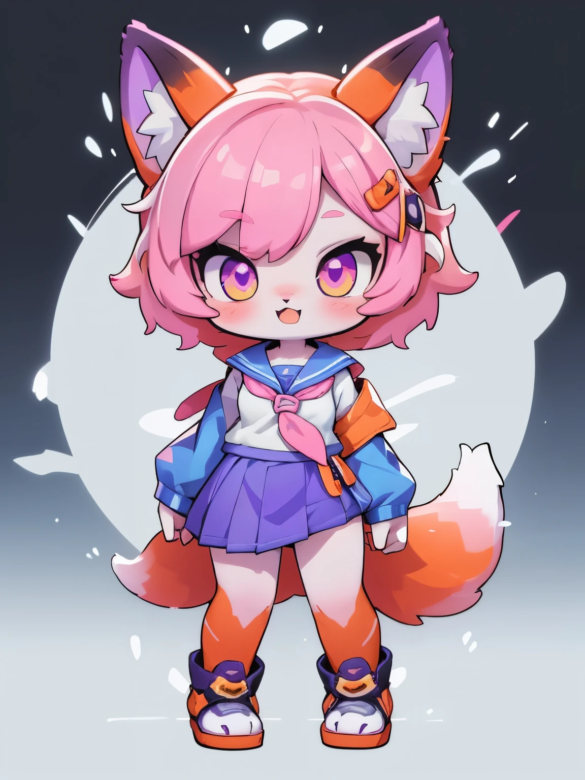  Female hairy purple fox  ,  Fox Ears ,  fox tail ,  wide hips , White Skin Body ,  simple background ,  full body, standing,  chibi. (cyberpunk style), ( masterpiece ,  High Quality ,  thong, 8k,  high resolution), ((estilo  chibi,  chibi cute)), ( alone,  A girl ), { fox girl, Fox Face, 2 fangs  ,  long lashes,  eyeliner } { fox mustaches  }, (((  Fox skin over body  ,  fox stripes on the body  , visible ears  ))), ((  long pink hair )),  hair clip , [[ hair clip  Cyberpunk]], ((very happy)), (( open-mouthed)), [Rainbow pupil  ], (( Looking up )), ( very small breasts ), thin arms, (  arm down), armpits, (((Korean schoolwear ))),  {{{  mini tiger tail  ,  tail on the back  }}}, (((  Blow from above the body  ))), (((standing))),  black background,  simple background , ((((  Tora-chan style in Hanayome  )))), ((  Dazzling vivid color  )),  anime style, masterpiece ,  Perfect Anatomy .
