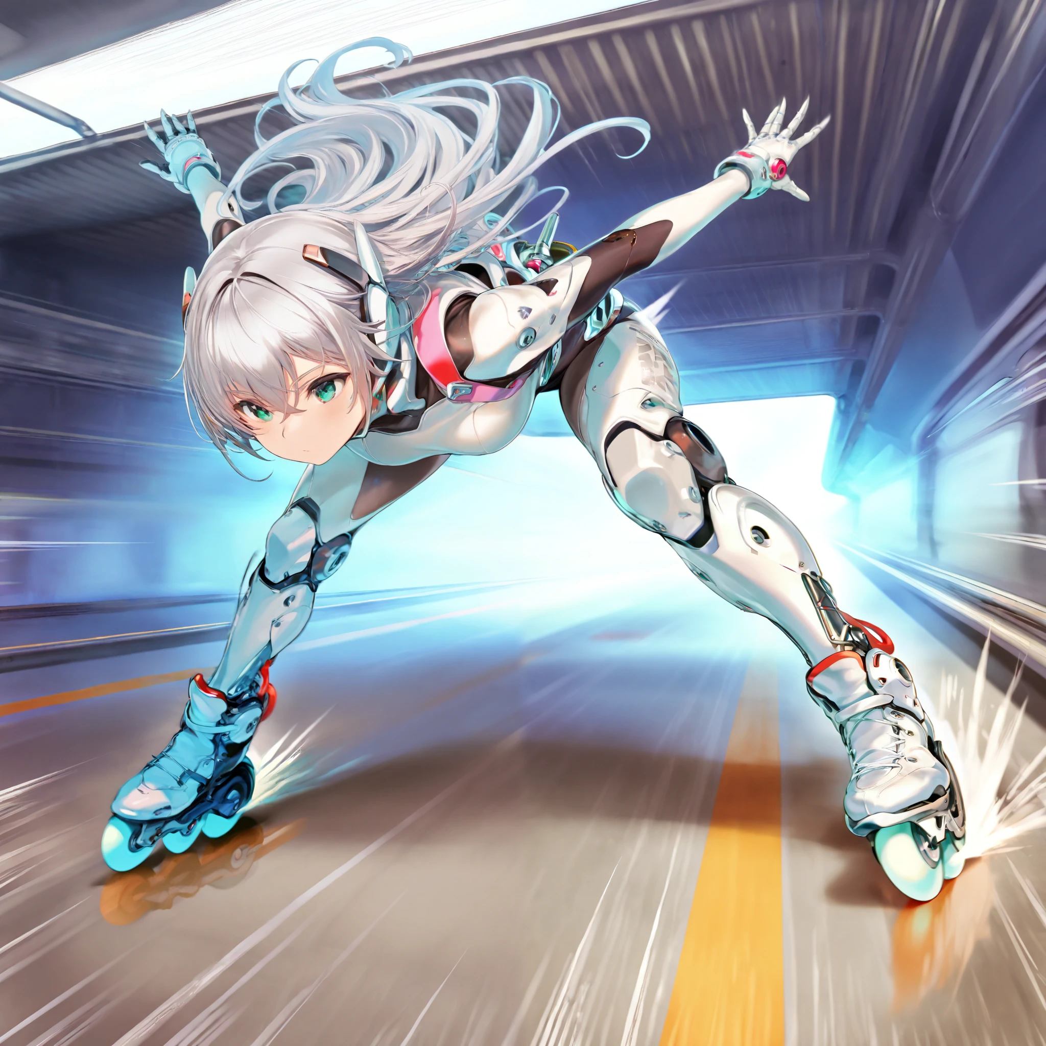 score_9, score_8_up, score_7_up, (afukuro, CyberpunkDetails), (1girl, solo), grey long hair, white cyber suit, (mechanical boots, inline skates, roller skates), (leaning forward, dynamic pose, speed skating), (motion lines, speed lines), (post apocalypse, in the highway)
