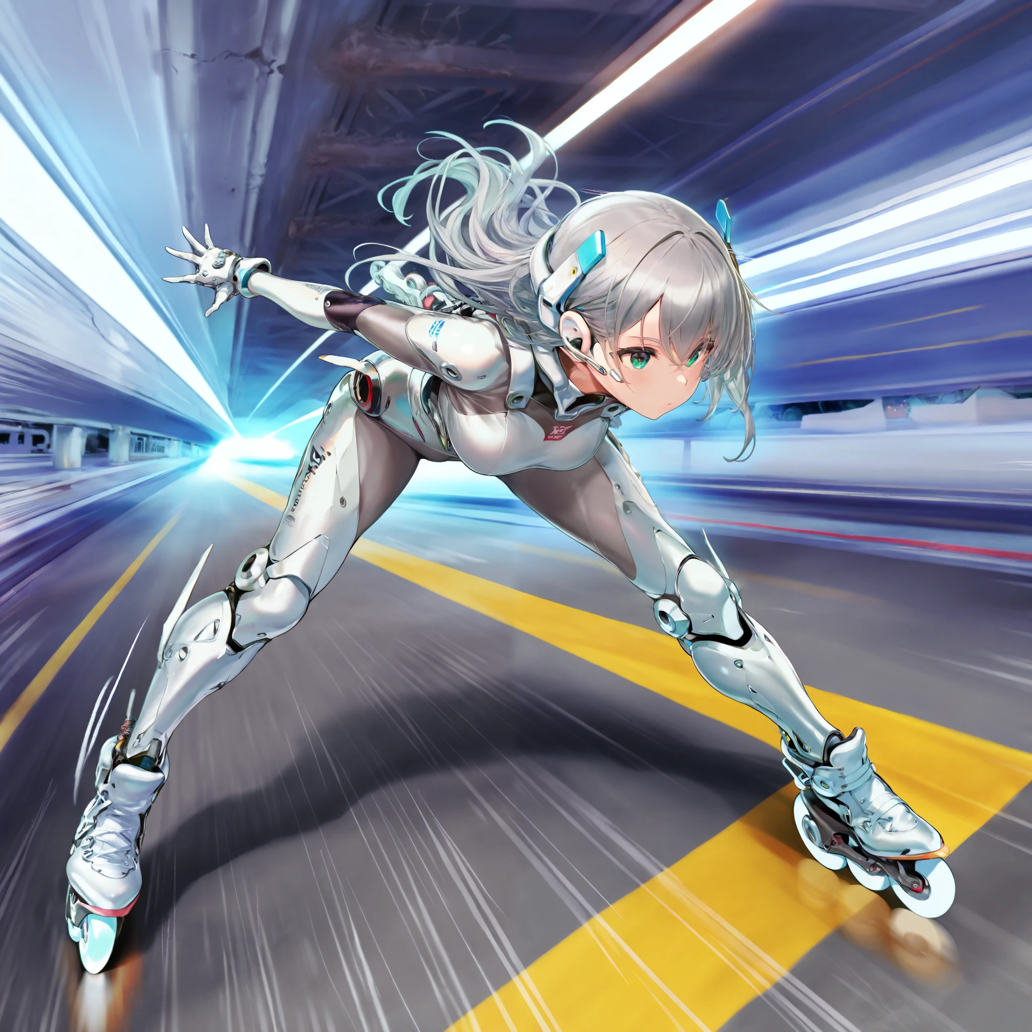 score_9, score_8_up, score_7_up, (afukuro, CyberpunkDetails), (1girl, solo), grey long hair, white cyber suit, (mechanical boots, inline skates, roller skates), (leaning forward, dynamic pose, speed skating), (motion lines, speed lines), (post apocalypse, in the highway)