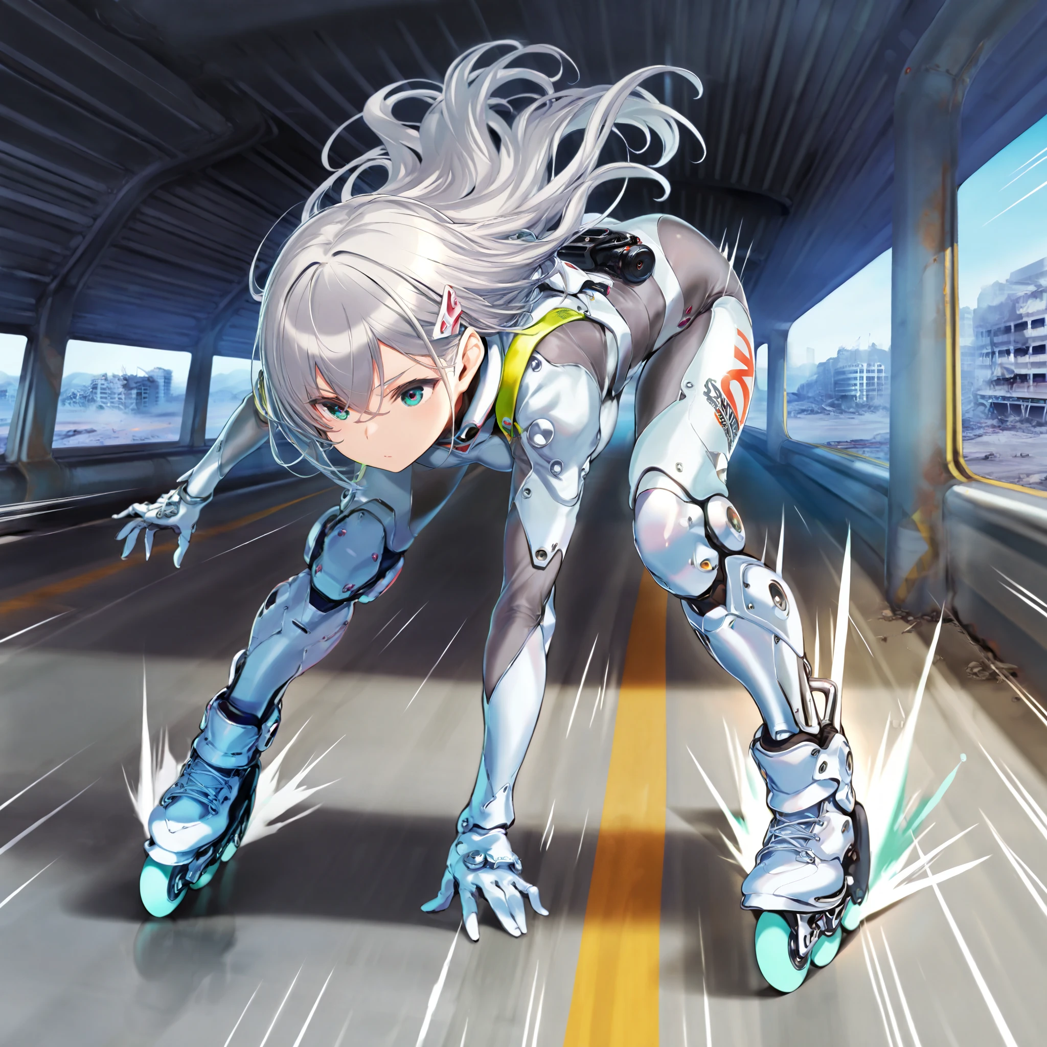 score_9, score_8_up, score_7_up, (afukuro, CyberpunkDetails), (1girl, solo), grey long hair, white cyber suit, (mechanical boots, inline skates, roller skates), (leaning forward, dynamic pose, speed skating), (motion lines, speed lines), (post apocalypse, in the highway)