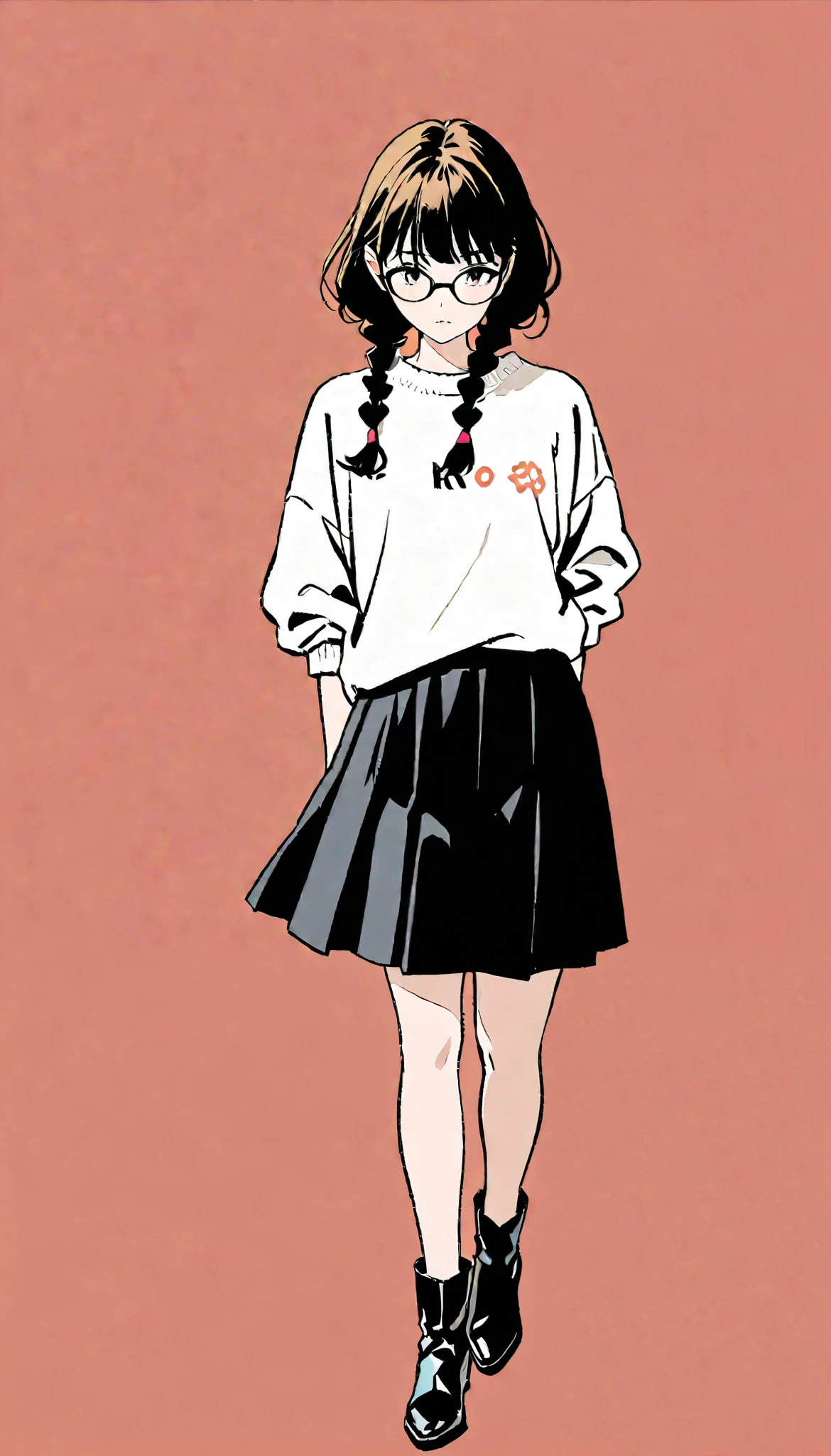 (( expressionless )),( Hair)),Glasses、masterpiece, ((( dance))),(((Full body diagram)))、Highest quality, Beautiful attention to detail, Very detailed, In detail, High resolution, Perfect Anatomy, , , girl, (one person:1.5), alone, ( long hairstyle with braids),黒縁Glasses、 ( I'm wearing a white knit ), black skirt、 black boots、 (( simple solid color background))), Background, (City Pop anime), Kyoto Animation, ,anime,