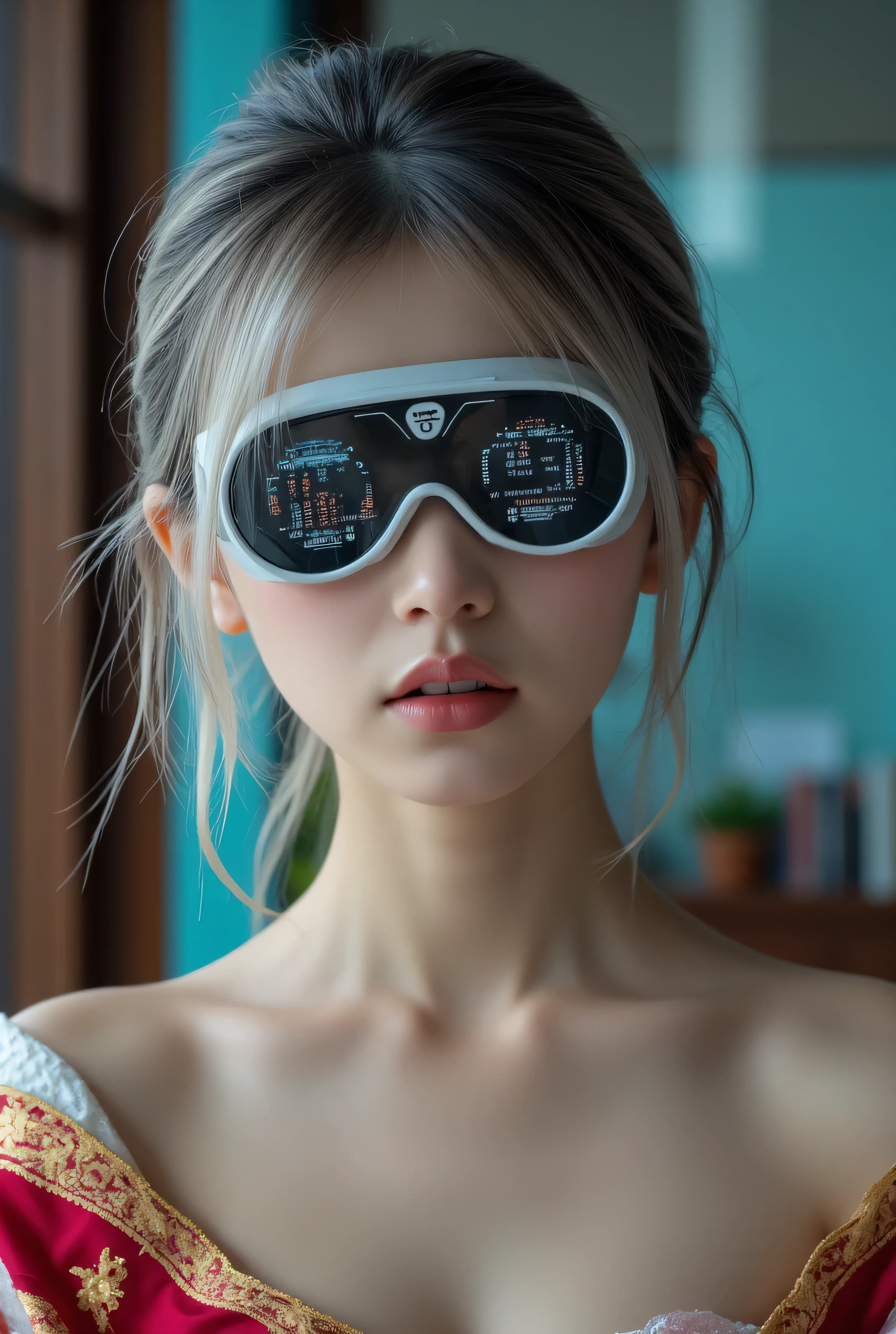 (Masterpiece:1.2, excellent quality, Mirror Finish ,Movie experience),8k, wallpaper, ray tracing,(woman), nude, トップレスのwoman、-faceanese , medium sized young and beautiful bust , Can you see hard, pointed, and upturned nipples, Skin that shines brightly with lotion applied to bare skin、 wear traditional Japanese kimonos without feeling uncomfortable with completely naked skin, Off-shoulder kimono with open front , data displayed on goggles without any sense of incongruity on the face, Japanese with detailed display of goggles , detailed face, beautiful skin, Beautiful silver hair, Server crash , lots of data written on the skin , The background is a wall of data, glossy lips, Pictures of fully naked upper body,
