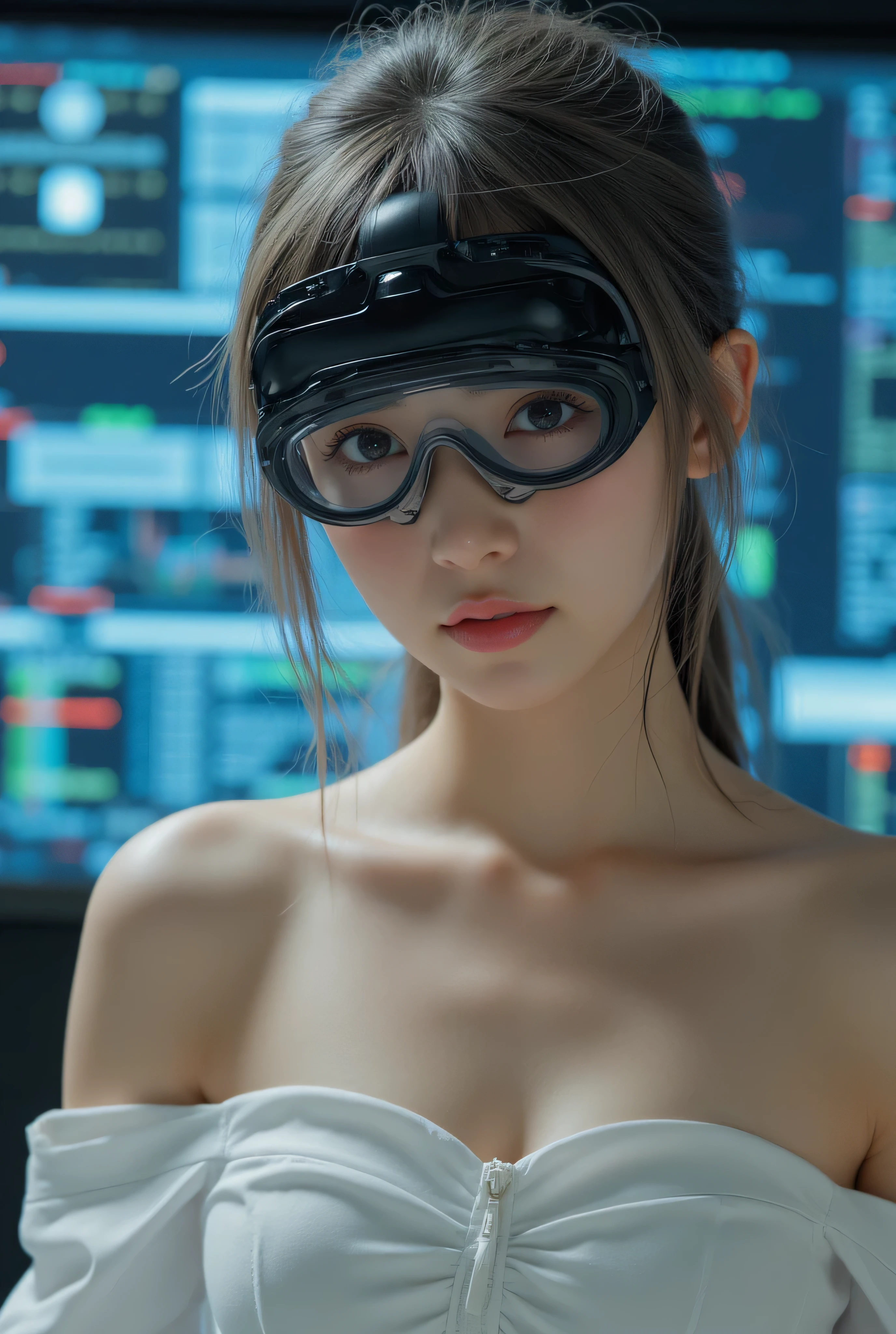 (Masterpiece:1.2, excellent quality, Mirror Finish ,Movie experience),8k, wallpaper, ray tracing,(woman), nude, トップレスのwoman、-faceanese , medium sized young and beautiful bust , Can you see hard, pointed, and upturned nipples, Skin that shines brightly with lotion applied to bare skin、 wear traditional Japanese kimonos without feeling uncomfortable with completely naked skin, Off-shoulder kimono with open front , data displayed on goggles without any sense of incongruity on the face, Japanese with detailed display of goggles , detailed face, beautiful skin, Beautiful silver hair, Server crash , lots of data written on the skin , The background is a wall of data, glossy lips, Pictures of fully naked upper body,