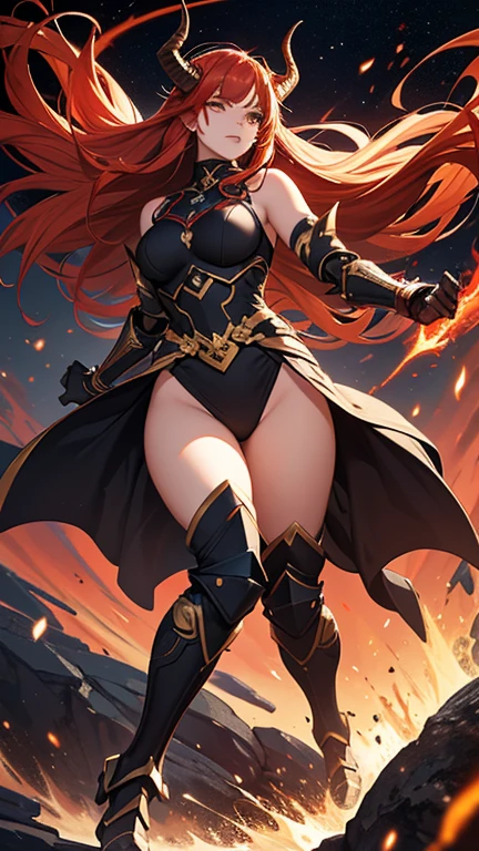 Masterpiece, best quality, full hd 8k, highly detailed, picture perfect, solo, 1 woman, mature, medium breasts, golden eyes, long red hair, mischievous look, mischievous smile, sharp teeth, gentleman, standing, legs apart , full body, revealing clothing, micro bikini armor, nude armor, plush cape, excessive female pubic hair, partially visible vulva, shoulder armor, shoulder pads, armor heel boots, sabaton, greave, poleyn, tasset, lame, bracers, gauntlet, couter, rerebrace, nfsw