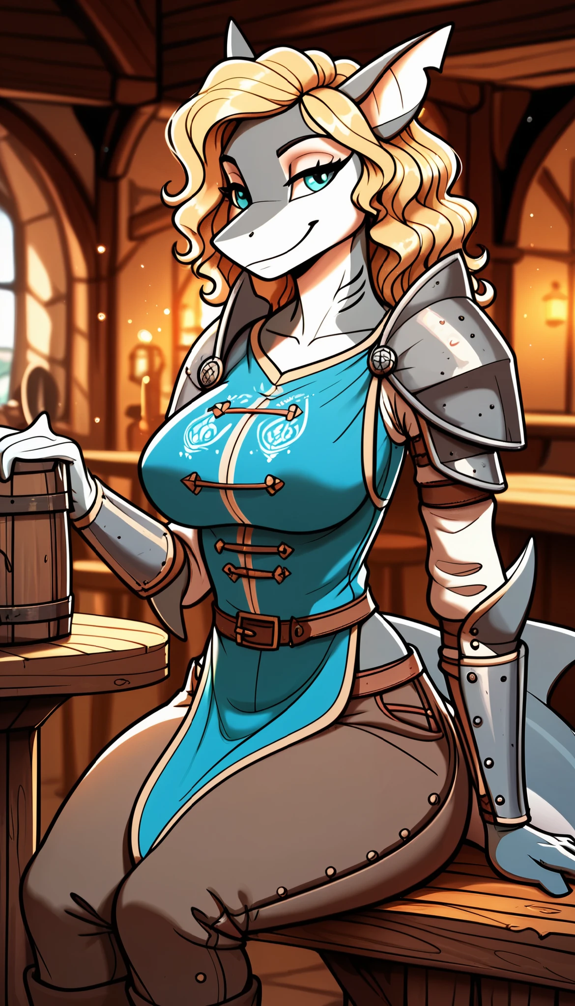 ((dark gray body)), masterpiece, best quality, smirk smile expression, 1girl, anthro, shark girl, shark ears, animal nose, light eyes makeup, cyan eyes, smooth shark tail, blond hair, medium hair, wavy hair, medium-big breasts, thick thighs, hips, solo, (tavern), (sitting), detailed, medieval, ((medival 15th century shirt with cyan tabard on it)), (metal shoulder pads), ((medieval gray pants)), (fluff-kevlar), light particles, deep neckline, score_9, score_8_up, score_7_up, score_6_up, score_5_up, score_4_up, (safe content)
