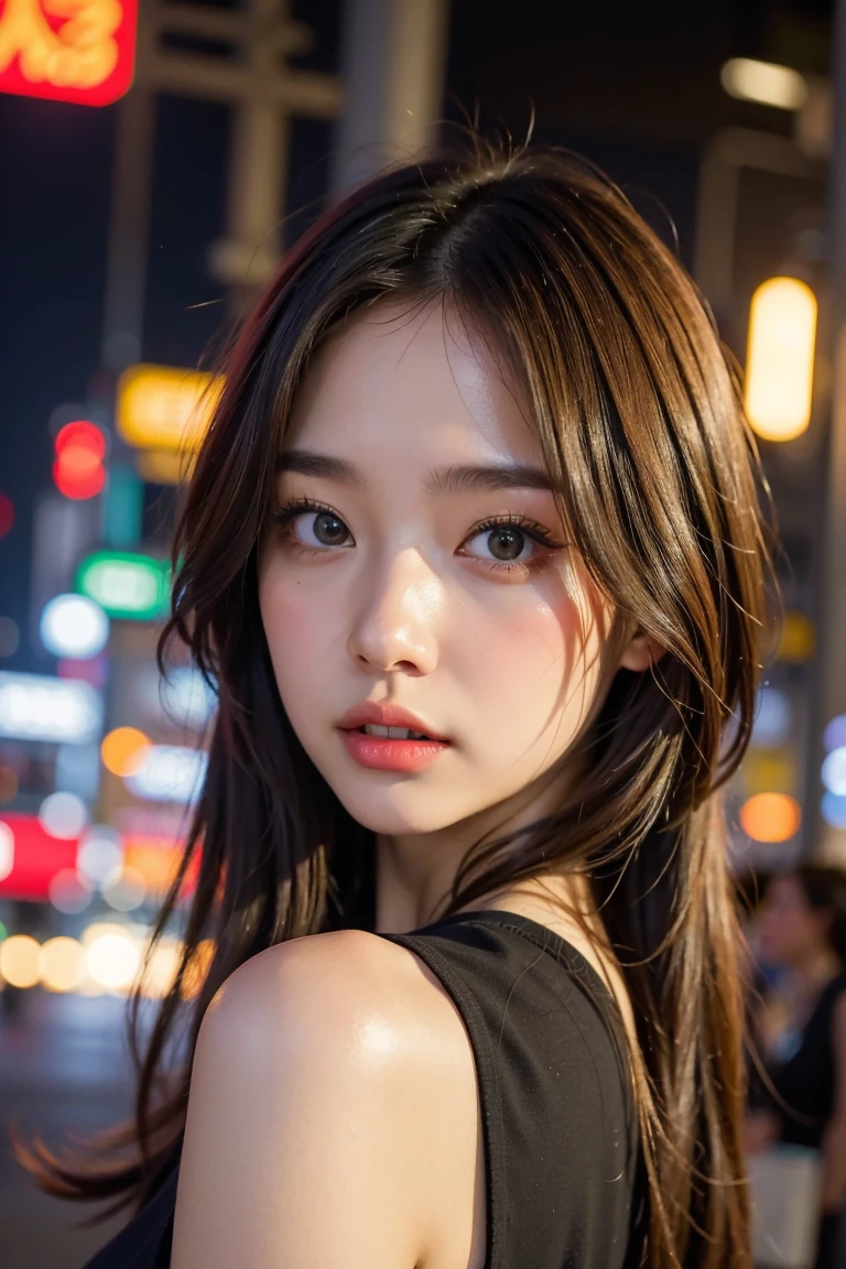 (Highest quality, High resolution, masterpiece :1.3), Beautiful woman, Slim figure, Dark brown hair, T-Shirts, (Night city street), Highly detailed face and skin texture, Fine grain, double eyelid
