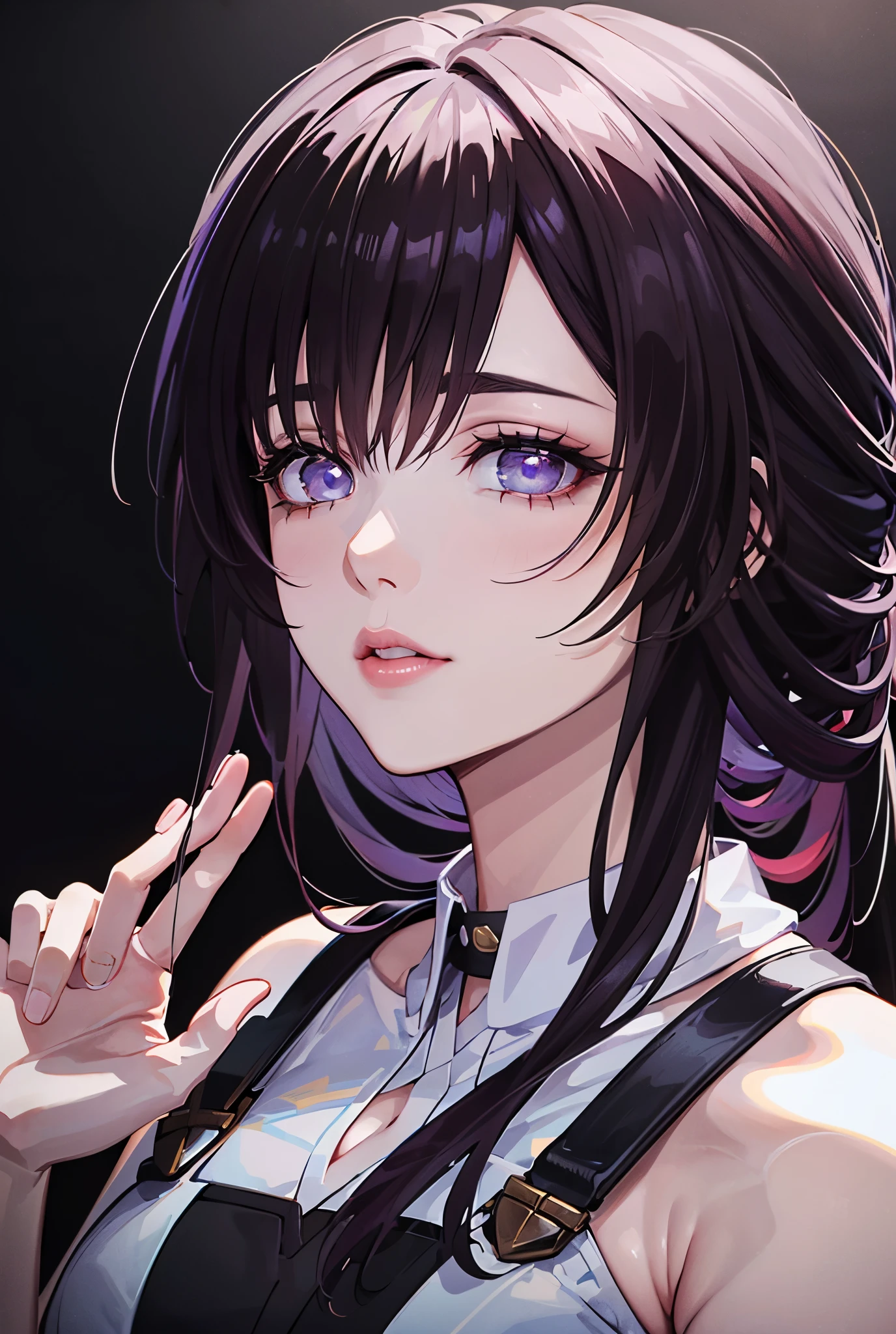 a voluptuous woman with white and black hair, beautiful detailed eyes,beautiful detailed lips,extremely detailed eyes and face,longeyelashes, elegant and dominant expression, holding a weapon, anime style, high quality, 8k, photorealistic, studio lighting, physically-based rendering, vivid colors