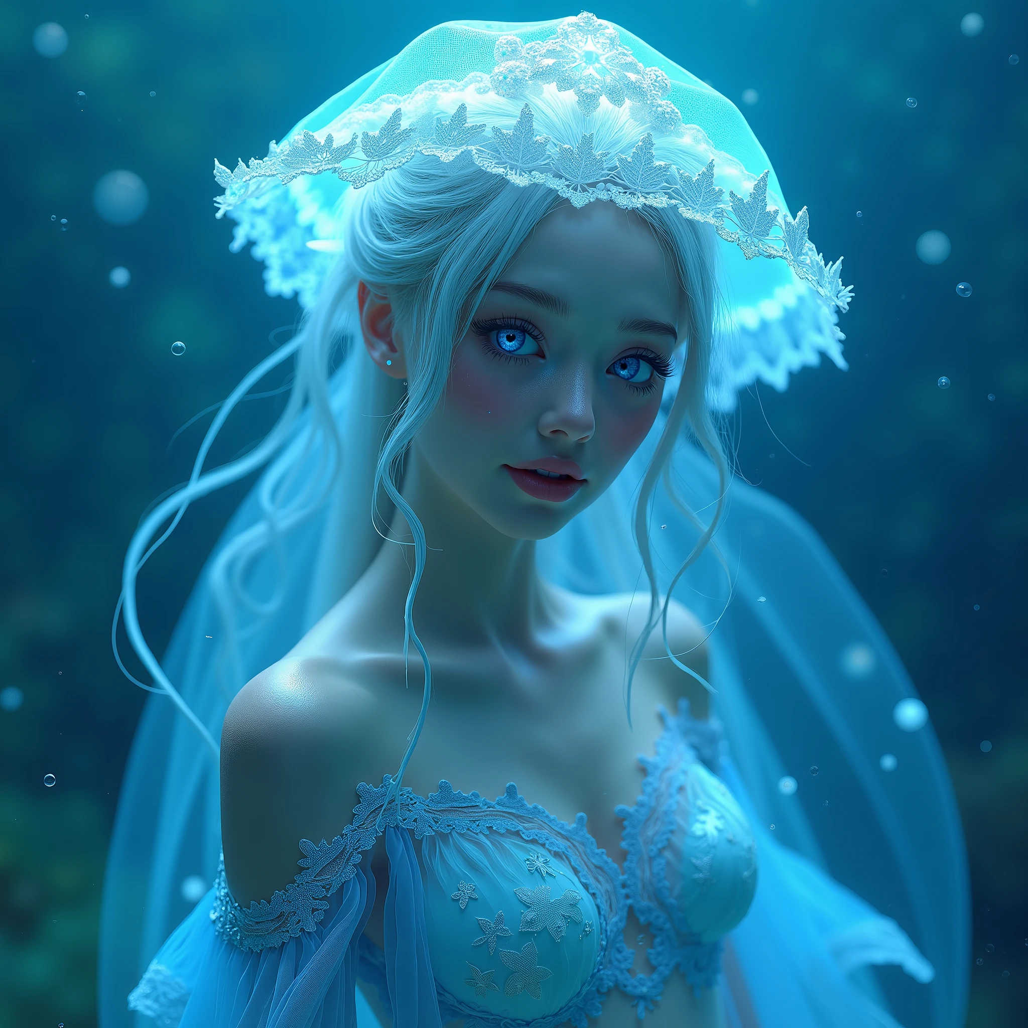 a beautiful woman with long, straight, jet-black hair, intense blue eyes, within a sea where white rose petals rain down, she is with a white cobra, which wraps around her hair, a diamond crown on her head, with mist and white glow, the water reaches her waist. profile picture. animated digital art