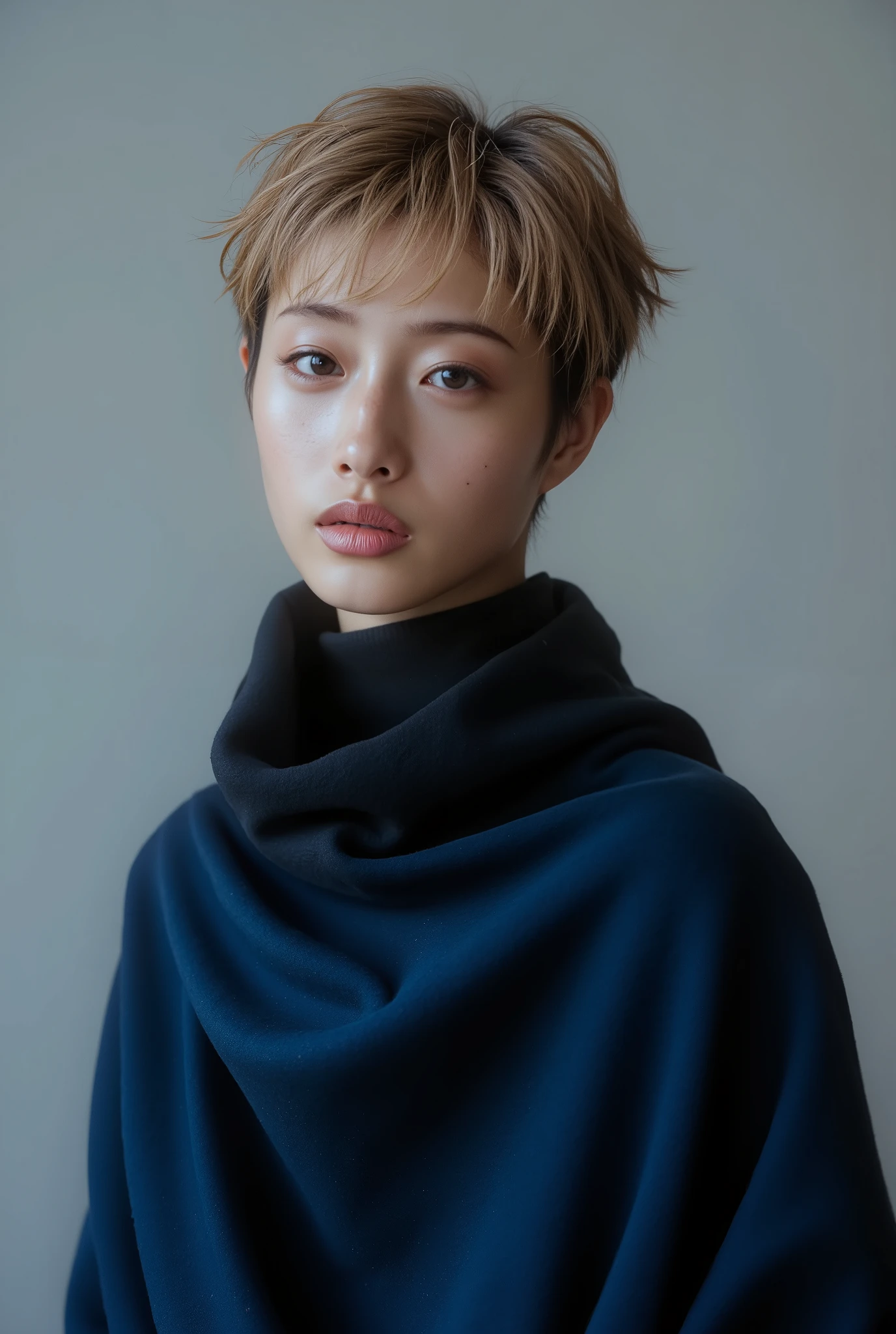 A tall girl with short blond hair, black eyes with dark circles and a wide nose. deep azure blue turttleneck outfit