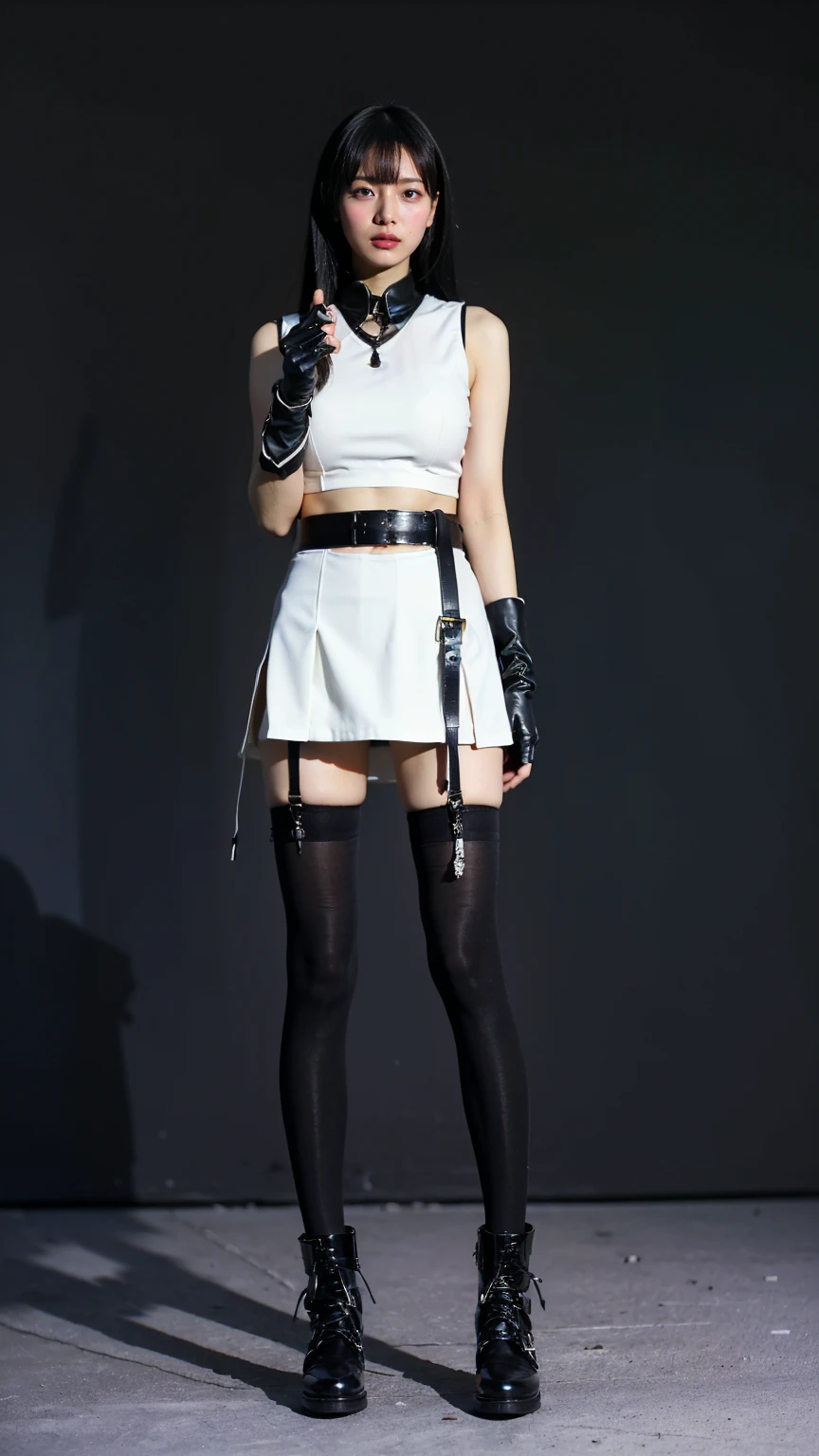 (8k、RAW Photos、Highest quality、masterpiece:1.2)、(Highest quality、Realistic)、1 Girl、((leather、Hair clip、ガーターbelt、Tube top、Arm Coverini skirt、black、tights、Belly button、Gloves、belt、ribbon、See-through、Thin legs、whole body、boots、City of night、View from the front、Looking into the camera、Stand with hands on hips))、cute