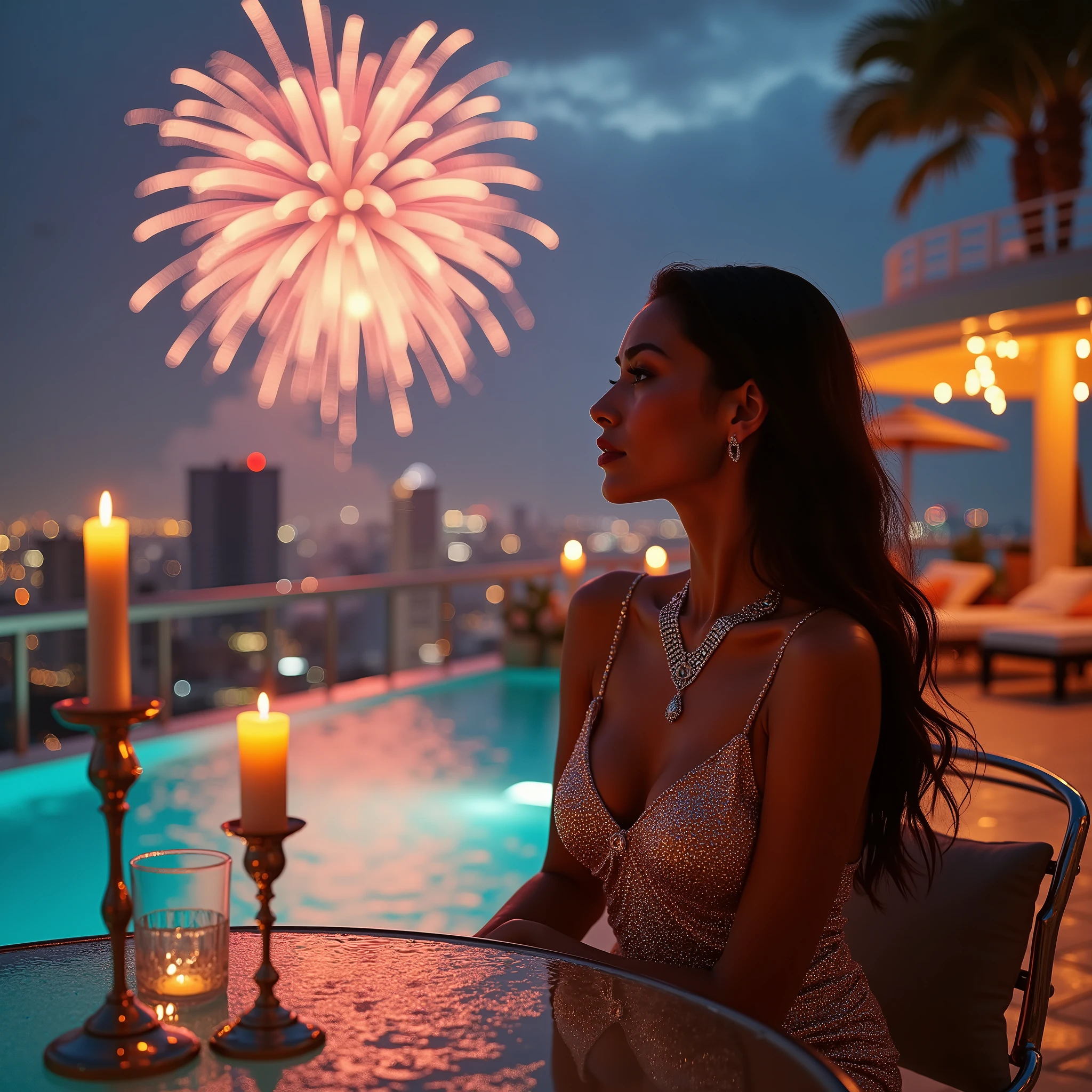 (( photorealism, maximum quality , Realistic lighting, realistic textures , perfect retouched photo with warm bright colors, konica minolta style )) we are in the pool on the roof of the skyscraper , on the edge of the roof , in front lies Miami in the evening ,in the distance, the beach ,lights, lights highlight the water , along the pool sun loungers and awnings ,tables, skyscraper roof pool, sparkling water , a slight swell on the water from the breeze , view of the evening city , bright colors and lighting , above us in the sky fireworks , explode with myriads of shining particles , In the foreground, there is an iced glass on the glass table and shines in the candlesticks at the table is a gorgeous girl, a slender girl with flowing European hair in a tight dress covered with pale shining with bright reflections, incredible glow , a diamond necklace shines on her chest ,reflections of lighting , maximum detail ,the lighting above the table makes diamonds shine , the sparkle in her eyes , Close view,