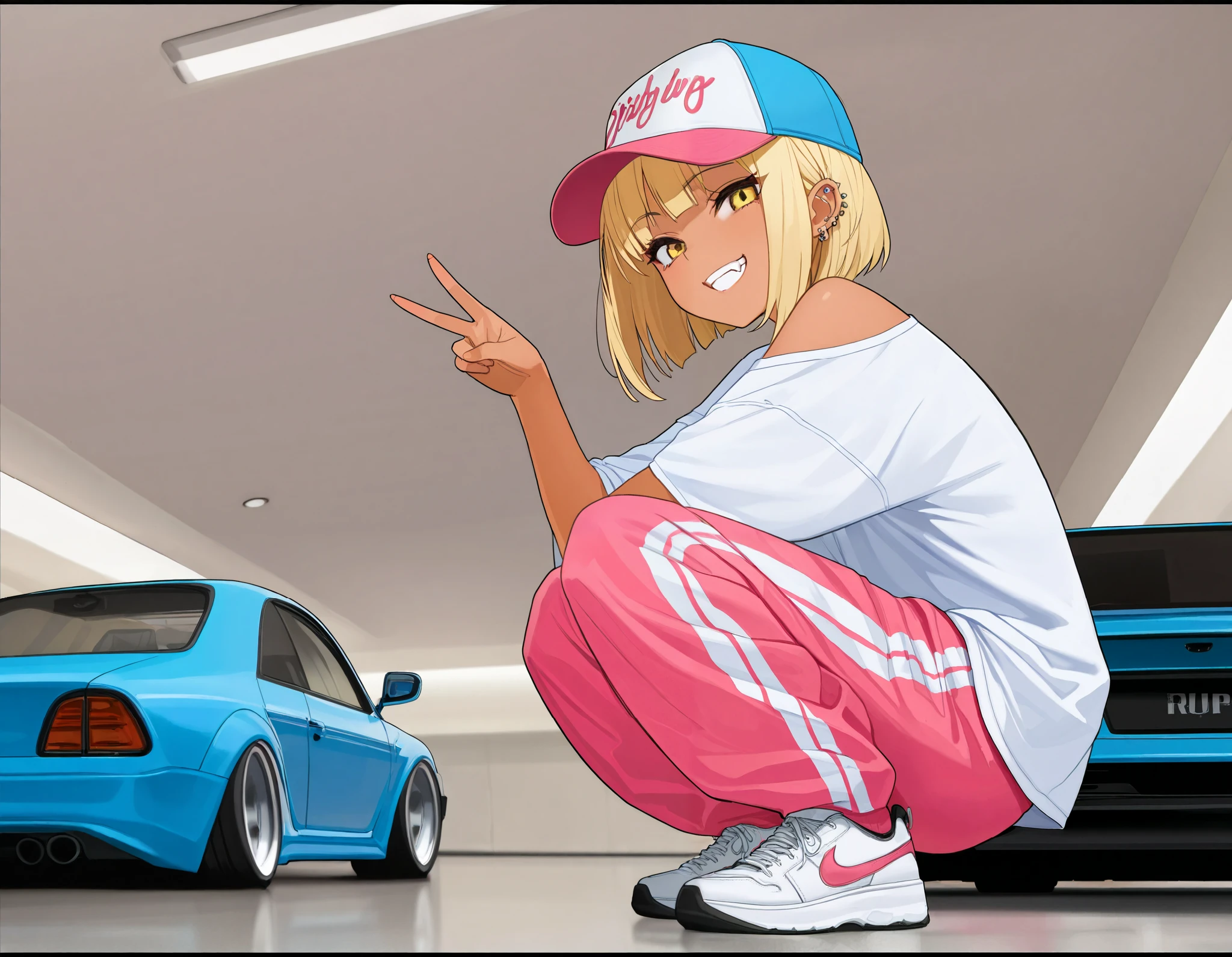 (best quality, highest quality:1.2), masterpiece, top quality, ultra high definition, rich contrasts, HD,8k, High Definition CG Unit Wallpaper, texture , Unbelievably Absurd, ultra high definition, RAW photos ,Deep border 1 .2, very detailed, 1girl, solo, stylish pose, ceiling, from side:1.2, squatting,
bimbo, cute, streetwear, oversized Lower pants, street style, sneakers, single V, There are many piercings, street cap, 
glamorous, grin, fang, yellow eyes, blonde bob hair, tan, behind her a cars,