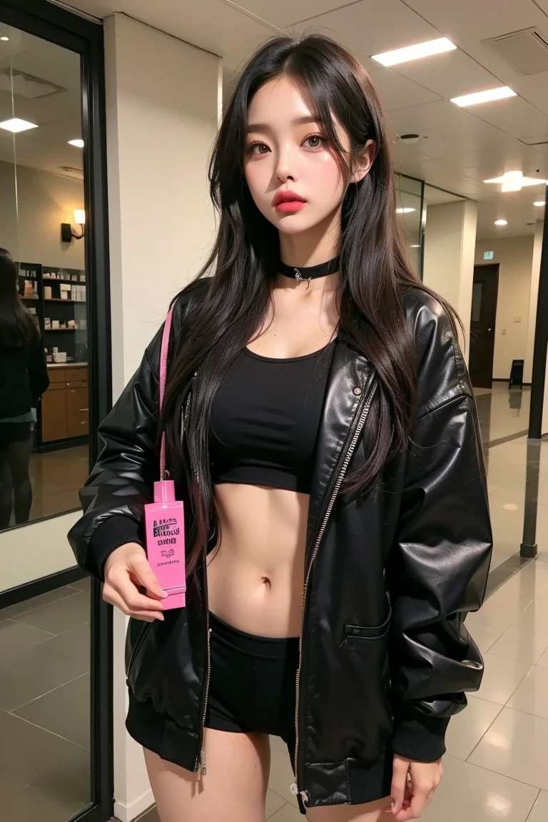 Araped girl with long black hair and a black jacket holding pink nail polish, black pink 조시, portrait of black pink 조시, Ulzzang, black pink 제니, Shin Jin-young, popular Korean makeup , Nam Jaehyun, rosé (black pink), Wear a transparent and that looks close to , 👅 👅, popular Korean cosmetics , Larissa Manoban