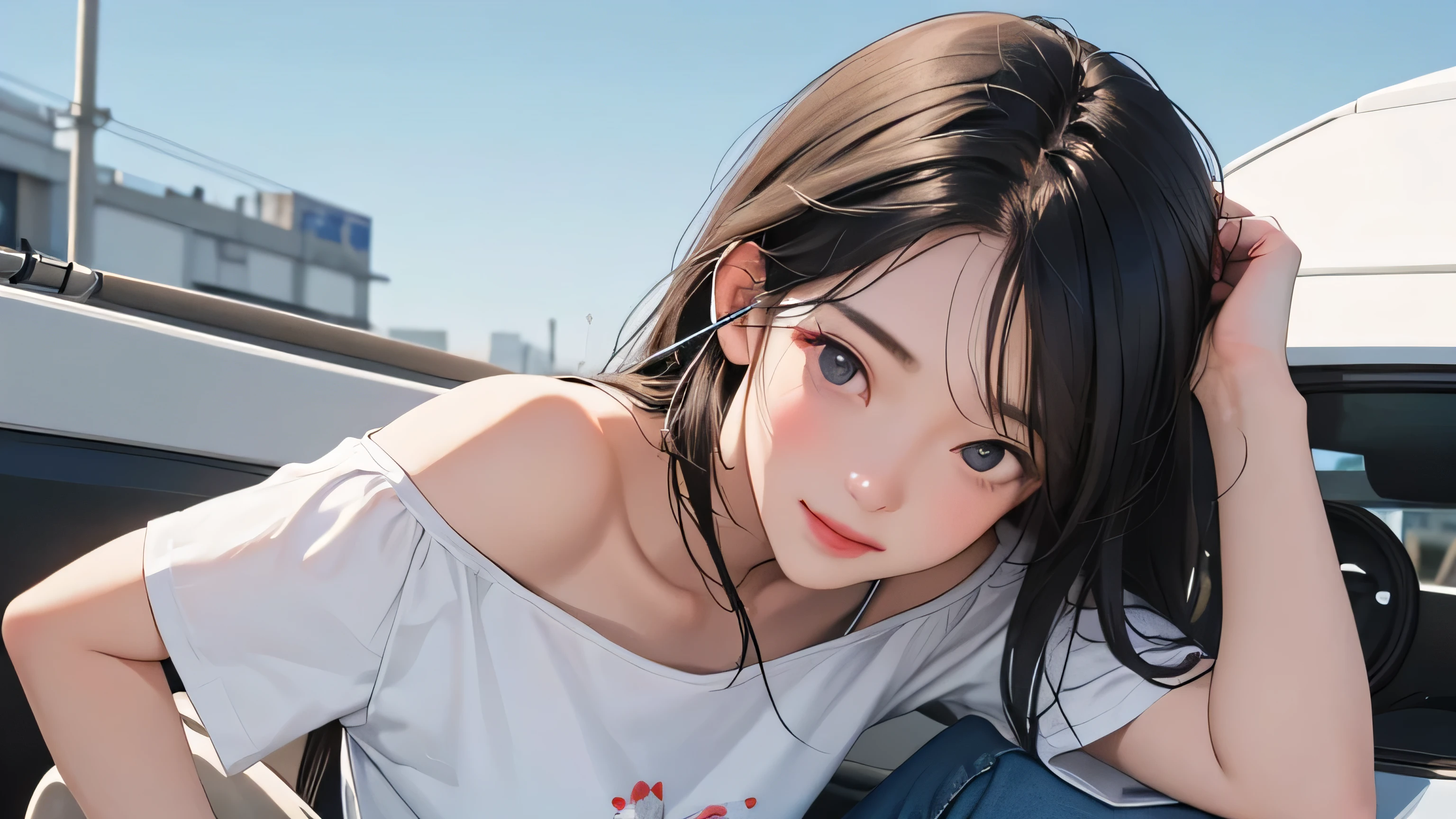 (from below), long shot, best quality, portrait , asia girl, detailed face , detailed eyes, Keep a straight face and smile a little, wearing headphone, wearing Loose off-shoulder white t-shirt showing underwear straps and jeans, and slightly tilting the neck, medium breast, Sitting on the roof of the red volkswagen car , looking away to sky, tokyo city background, nice sky , blue sky, beautiful sky