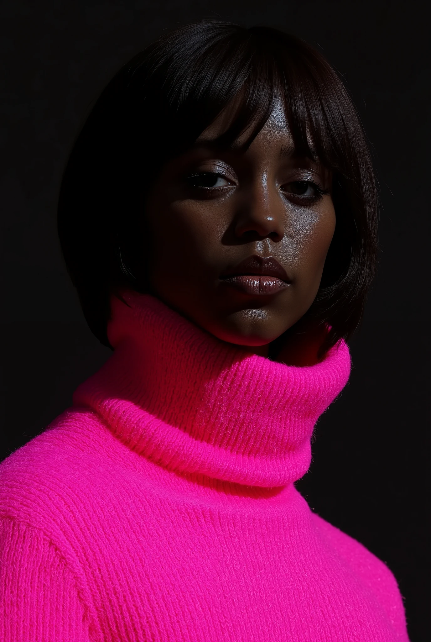 A tall girl with short expresso hair, black eyes with dark circles and a wide nose. rich pink turttleneck outfit