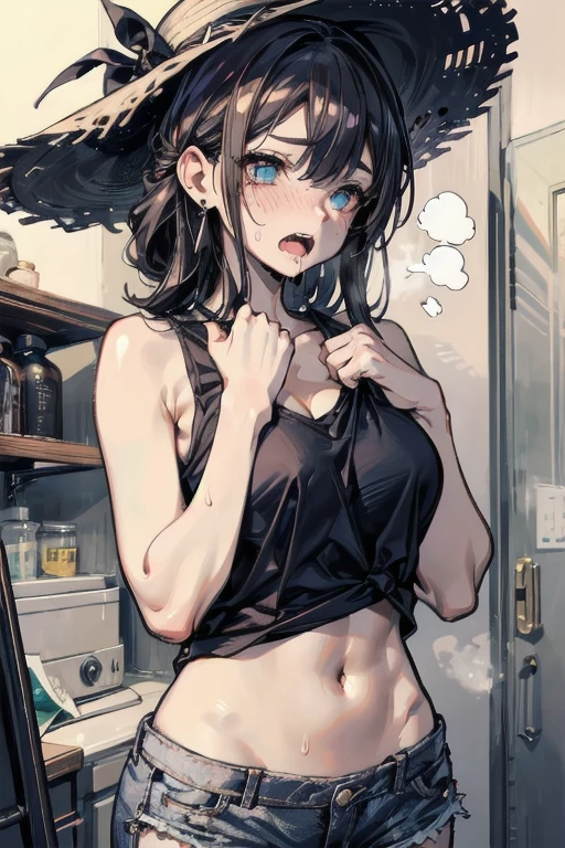 Sloppy Petite women Are thin Short black tank top Small breasts Missing sleepy Sitting cross-legged Unbuttoned Ragged black hair A room cluttered with empty cans and trash Dark Room Lie on your back Spread your legs mattress In underwear
