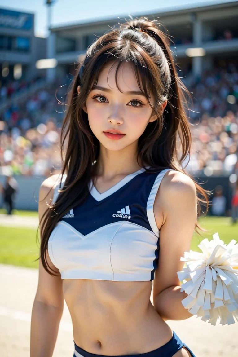 (A hyper-realistic), (illustratio), (hight resolution), (8K), (ighly detailed), (The best illustrations), (beatiful detailed eyes), (top-quality), (ultra-detailliert), (masterpiece), (detailed face), droopy eyes,full of sweat, full body, long legs, long-hair,inner colored,solo, white cheerleader uniform, huge , smile, football field, short skirt, sports bra, big breasts