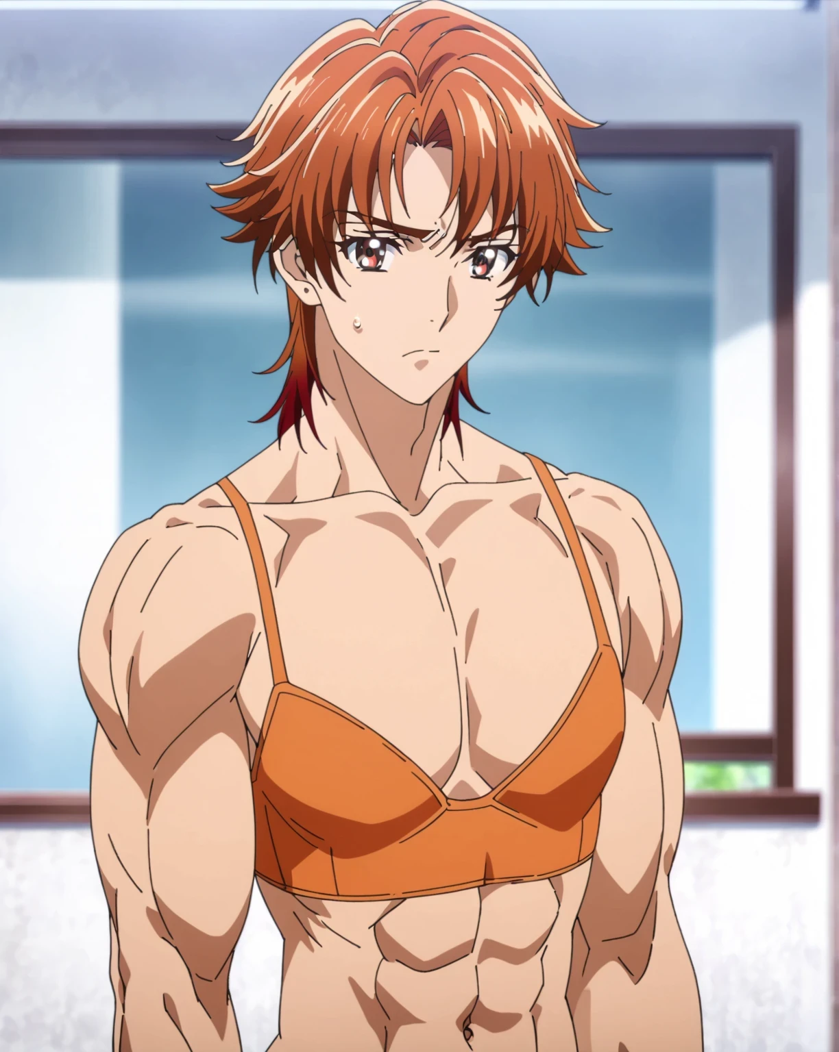 score 9 , score 8 up, score 7 up, source anime, Masterpiece, top quality, Hi-Res, high image quality, anime coloring, 1boy , Orange Goodとorange panty を着たアニメの男性, alone, Takano Aya Color Style , Orange Good, Front , Only underwear, clothing: Orange Good、orange panty , cold, SHORT RED HAIR MAN , Man with short brown hair , man with brown eyes , flipped hair, anime man standing up , boys, female panty, naughty anime style , covered pectoralis major, midriff, abs, navel, stomach, biceps, triceps, brachioradialis , deltoids, thigh muscles, collarbone, adult sex appeal, Strong vibe , beautiful attractive anime , bra with an orange, Tight Body, panty with an orange, むき出しの肩, Bare Arms, Bare Crotch , Bare thighs, bare legs, Only underwear, looking at viewer, bra and panty only, cowboy shot, male focus, (manly:1.5), (male body:1.5),