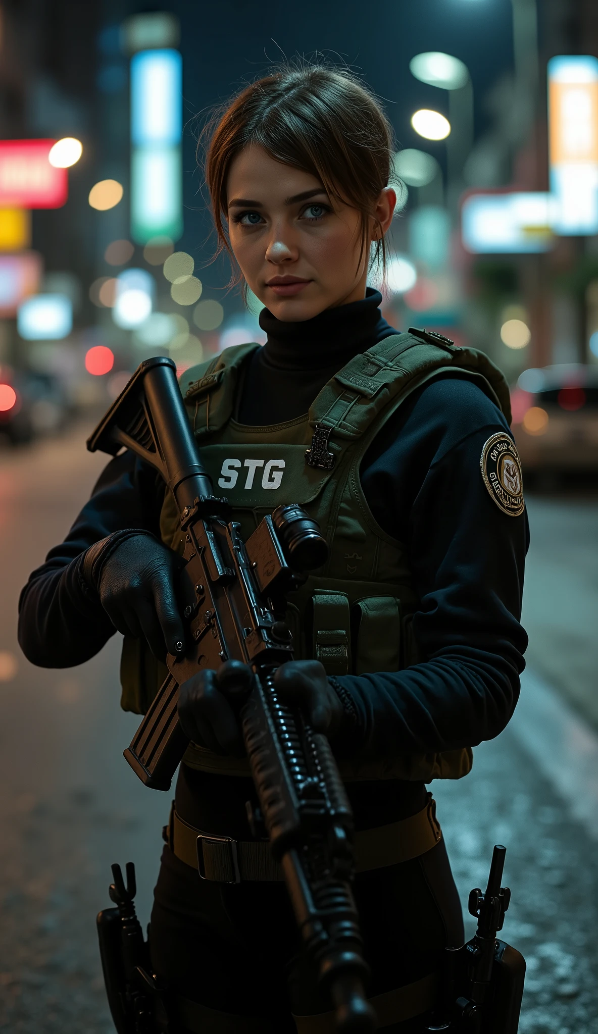 A stunning 20-year-old New Zealand woman, exuding charisma and determination, stands in a tactical stance, carefully scanning her surroundings. Her sharp blue eyes focus intently, analyzing every detail with precision. Her pixie bob haircut is neatly tied back, ensuring no loose strands obstruct her vision. Her face is a perfect blend of beauty and strength, reflecting both discipline and confidence.
She wears a dark tactical uniform, specifically designed for STG (Special Tactics Group), New Zealand’s elite counter-terrorism unit. Over her fitted combat suit, she dons a bulletproof vest with "STG" boldly printed on the front and back, marking her as a highly trained operative. The uniform is a blend of black and dark green, reflecting New Zealand’s national colors while providing optimal camouflage in urban and rural environments. A utility belt holds extra magazines, a combat knife, a radio, and other essential gear.
She firmly grips an LMT MARS-L rifle, the standard weapon for New Zealand’s special forces. The rifle is equipped with a holographic sight for quick target acquisition, a suppressor for stealth, and a foregrip for better control. Her fingers rest near the trigger, her stance exuding discipline and readiness for any mission.
Her pose is 3/4 body, tactical and alert, her eyes locked onto a distant point as she monitors the area for potential threats. The dimly lit environment, possibly a high-risk urban zone, is filled with tension—streetlights flicker, a helicopter hovers in the distance, and radio static buzzes through her earpiece. The cool night air carries the distant hum of vehicles as she remains calm, poised, and prepared, a true embodiment of New Zealand’s elite counter-terrorism force.