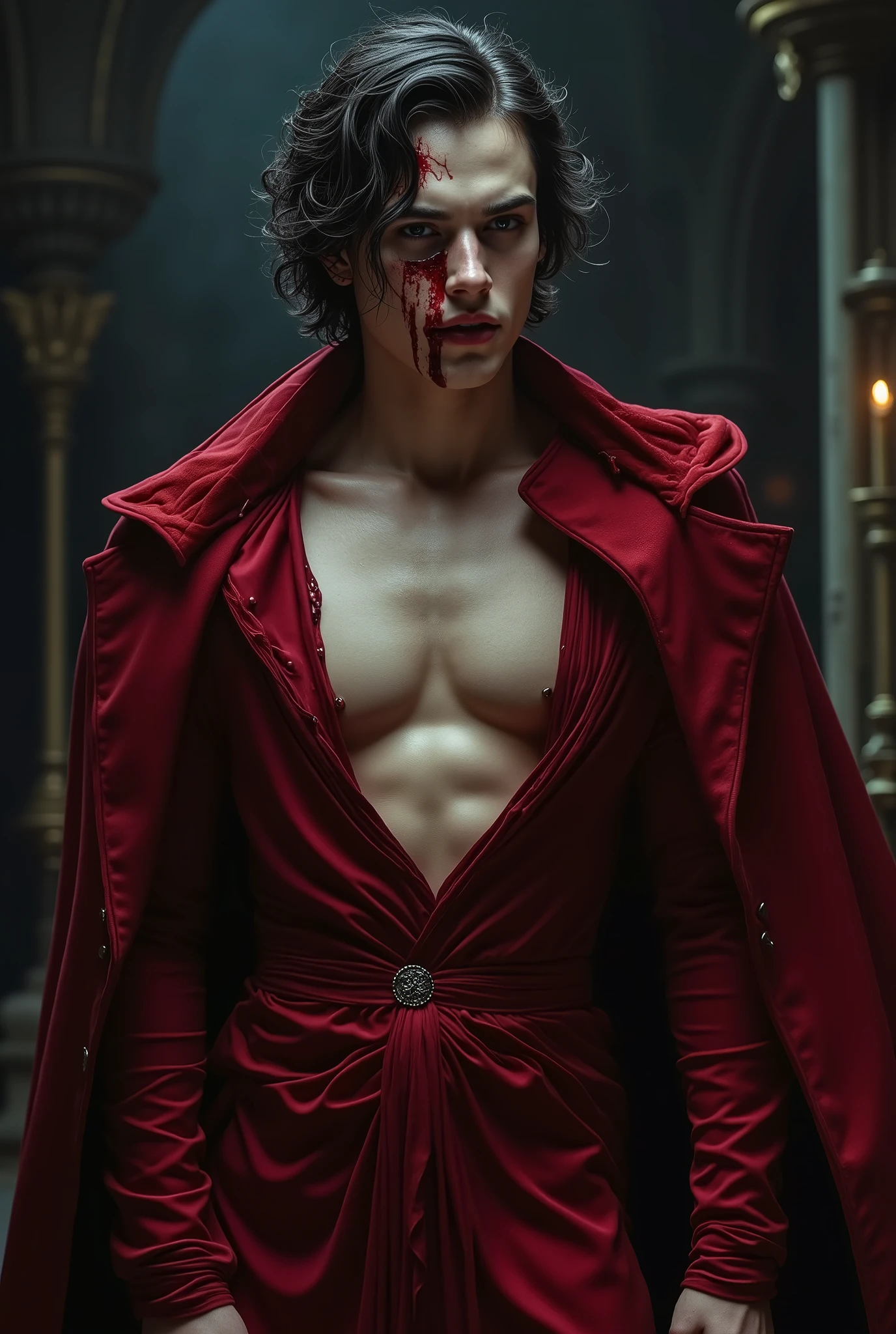 Man.
25 years old 
Is tall.  
Has dark hair.  
Has an extremely attractive appearance, with an otherworldly look.  
Has a lean and muscular build.  
Has a pair of intense crimson eyes.  
Has very sharp fangs and claws.  
Wears elegant and revealing clothes that highlight his appearance.  
Comes from a medieval fantasy world.
A smug smile on his face 