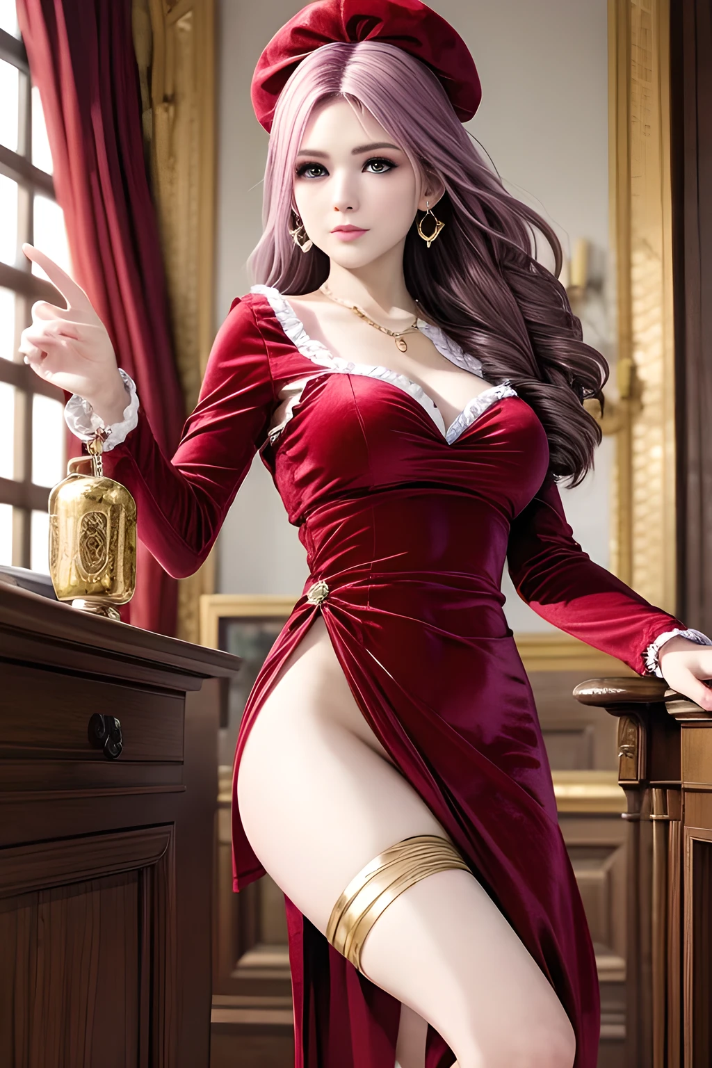 (8k, RAW photo, best quality, masterpiece:1.2), ultra-detailed, perfect detail , looking at viewer, make up, seductive, shamefaced, (young:1.2),((20 year old)), beautiful face, beautiful eyes, (((perfect female body, narrow waist))), red hair, asian appearance, hourglass figure, green eyes, beautiful appearance, red silk dress, puffy lips, black heels, in the restaurant, wavy hair, light makeup, mole under the lip, tattoo on the shoulder