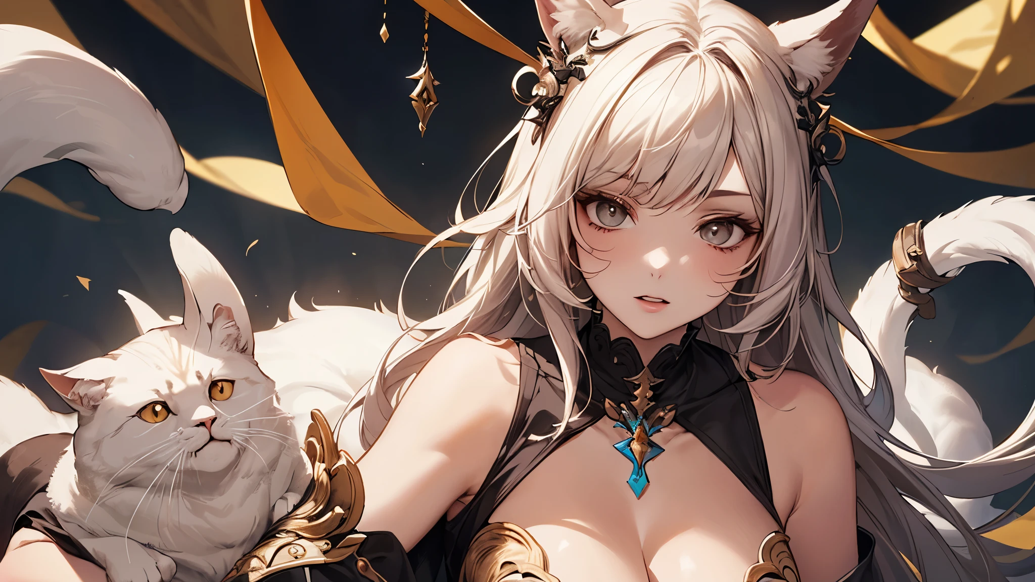 (best quality, 4k, 8k, highres, masterpiece:1.2),
	ultra-detailed,
	detailed face,
	detailed lips and eyes,
	expressive face,
	realistic,
BREAK BLARKY beautiful caucasian woman with very long straight white hair, (yellow eyes:1.4), fair skin, fox girl, animal ear fluff, animal ears, extra ears, fox ears, (fox tail:1.5), bangs, hair between eyes, long sidelocks, large breasts, (age 16-year-old, height 162 cm),
BREAK 1girl, (white theme),
BREAK Enchanted Succubus Seduction,
	Start with a lacy Peek-a-Boo Bra set featuring floral patterns and intricate details, adding a touch of seduction to the ensemble,
BREAK Layer with a sheer kimono or robe adorned with butterfly and flower embroidery, creating an enchanting and mystical aura,
BREAK Incorporate a matching demon tail, embracing the playful and flirtatious succubus girl theme,
BREAK Choose elegant heeled sandals embellished with floral details, complementing the overall enchanting look,
BREAK Consider a delicate butterfly wing accessory for a whimsical touch during photos or special moments,
BREAK Sunset hues drape an antique castle, a portal to the long-lost splendors of India and Persia.
	Amidst the weathered stones, a stunning 16-year-old girl gracefully paces through echoing aisles.
	Her presence evokes a timeless elegance, merging seamlessly with the historical tapestry.
	The castle, bathed in the warm glow of twilight, whispers tales of forgotten epochs.
	As the girl ambles, intricate patterns of sunlight dance on the aged walls, revealing ornate carvings and murals adorned with vibrant pigments.
BREAK (white lingerie:1.5),
BREAK (Arabian or Hindu castle, indoors, nighttime, moon),