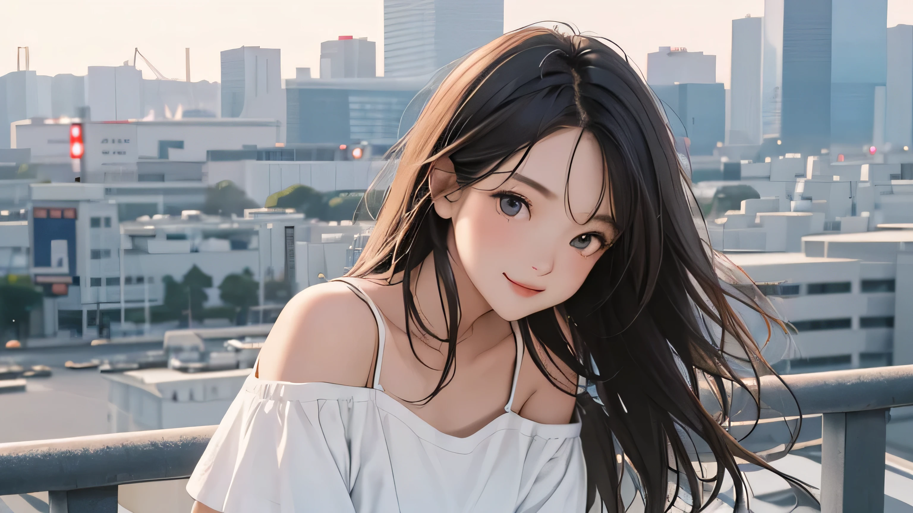 mid shot, upper body , best quality, portrait , asia girl, detailed face , detailed eyes, little smile, wearing Loose off-shoulder white t-shirt showing underwear straps and jeans, and slightly tilting the neck, medium breast, standing , looking at viewer, tokyo city background, nice sky