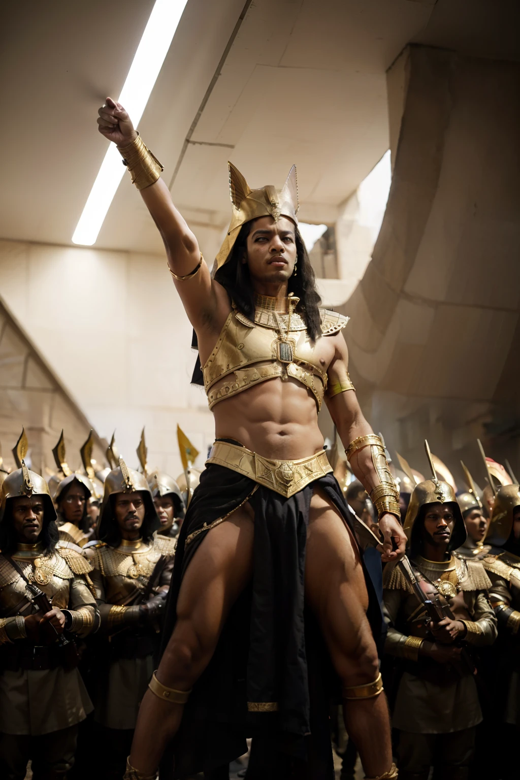 a man in a billowing gold chiffon male belly dance outfit is posing for a picture, handsome prince of persia, attractive male deity, brown skin man egyptian prince, beautiful androgynous prince, ashoka tano, delicate androgynous prince, hindu aesthetic, djinn human hybrid, handsome prince, heroic masculine pose, prince, male warrior, djinn man male demon, persian warrior, handsome face , bottomless , big thighs , full length shot , foot seen , big buttocks , dancing pose , dynamic pose , sexy , nude , penis , gluteal fold , fat butt