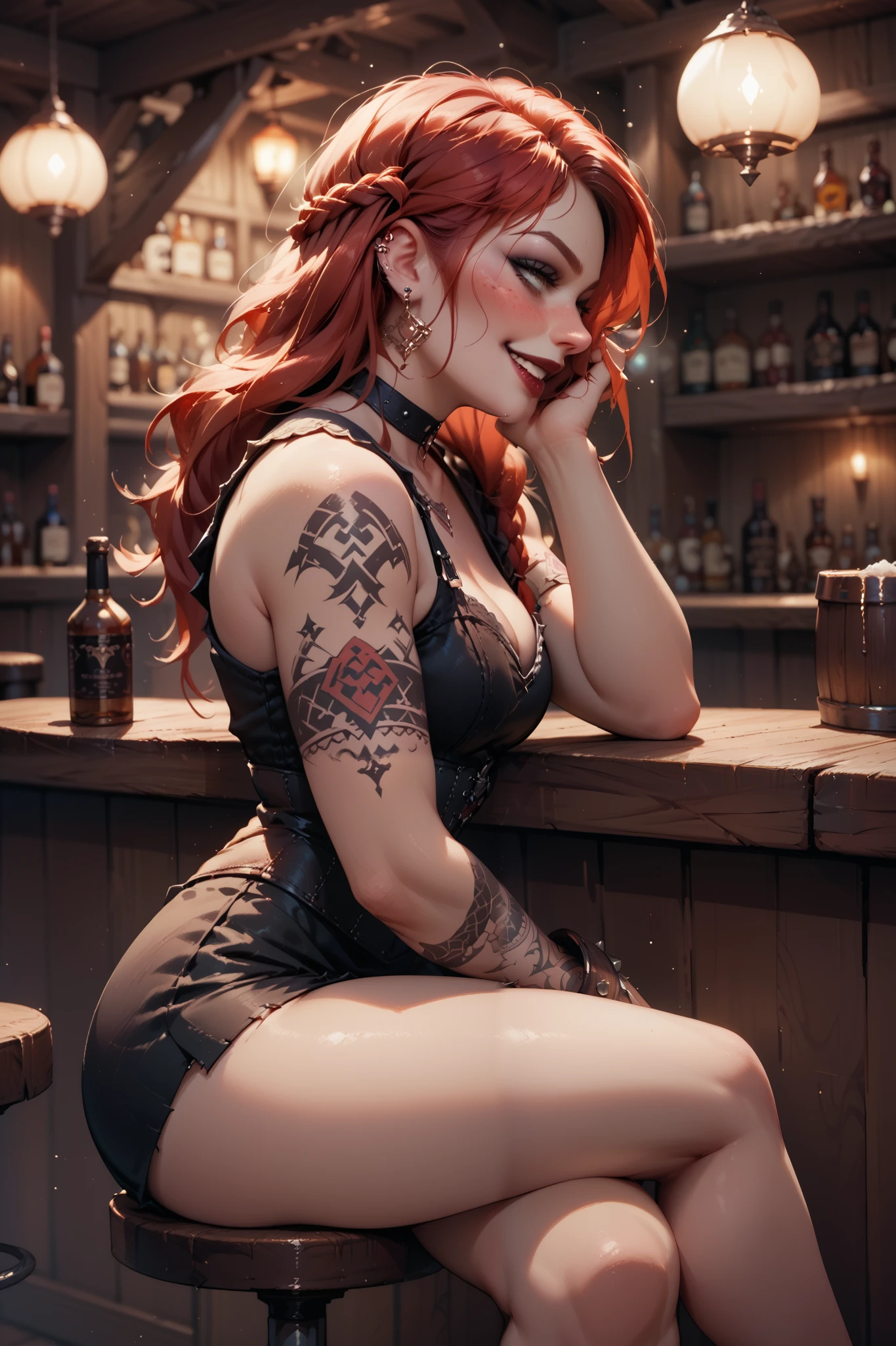 Gothic Viking girl, red hair, 19 years old, perfect figure, third breast size, detailed face, drunk, stitting at the bar, tattooed body, side view, crossed her legs