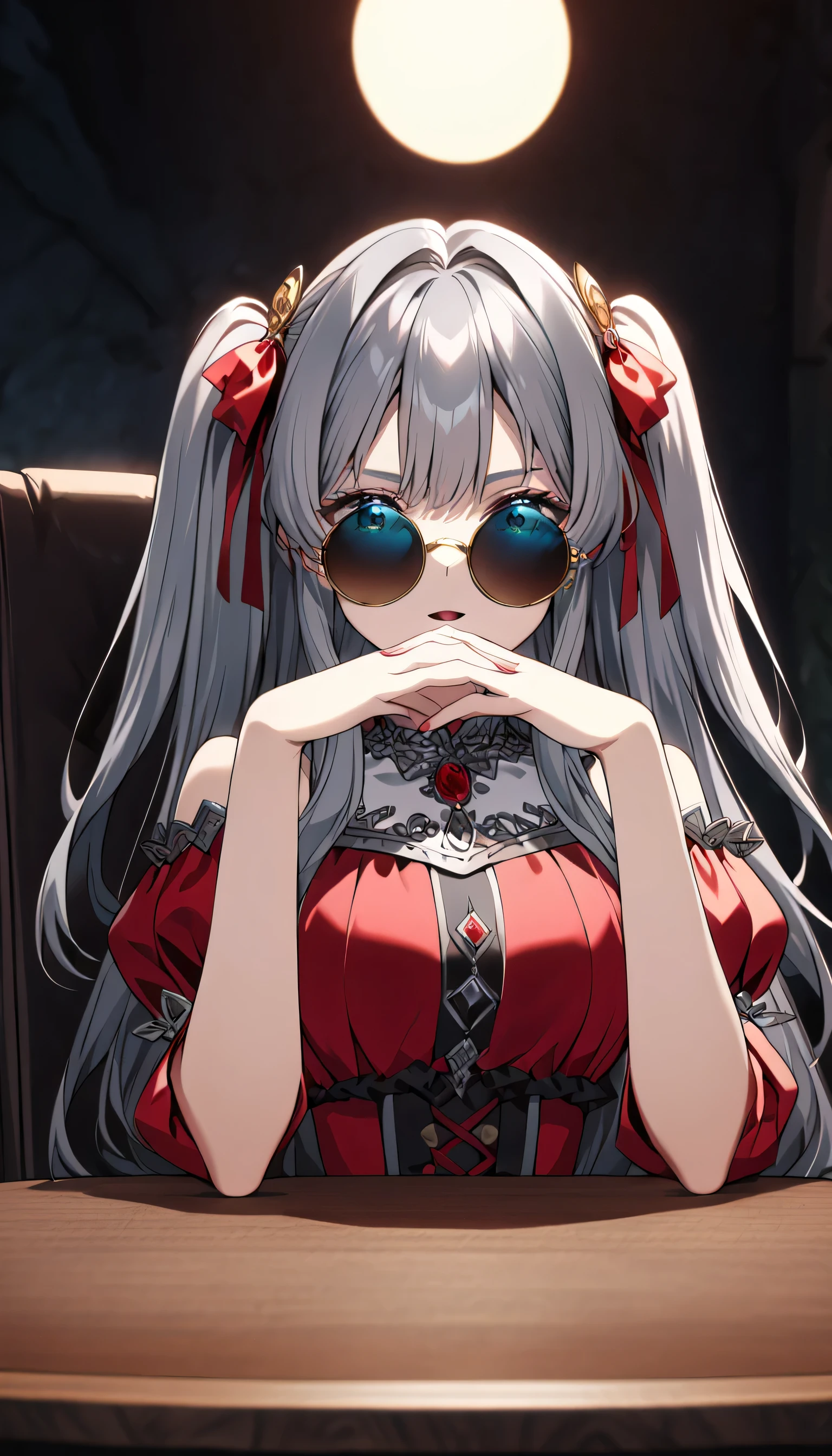 ((ultra-detailed)), (highly detailed CG illustration), (best quality:1.2), ultra-highly detailed, colorful composition, artistic photoshoot, 1girl, solo focus, ((upper body:1.4)), moe anime character, girl, dainty facial structure, (bab(round face), ((rounded chin:1.2)), ((ideal ratio body proportions)), celia-default, celia claire, (blue eyes), sparkle eyes, ((oval sunglasses with dark brown lens color:1.4)), silver hair color, two side up, ((hair ribbon with red)), ((red semi formal dress with gold decorations)), ((evil clever)), ((serious)), (smug), (joyful), (open mouth), ample breasts, ((The Gendo pose)), ((both elbows are on the table)), ((hands are clasped in front of mouth)), ((sitting in a chair in a dimly lit room)), from front, best quality, masterpiece, expecting, pink cheek, portrait, depth of field, soft lighting, caustics, ray tracing, perfect face, lustrous skin, highly detailed face, highly detailed eyes, perfect face, perfect nose, perfect hair, perfect eyes, perfect anatomy, beautiful hair, beautiful small face, extremely detailed face, beautiful detailed eyes, beautiful clavicle, beautiful body, beautiful huge breasts, leavage, breasts squeezed together, equalize the size of the left and right breasts, beautiful fingers, 4 fingers, 1 thumb, (very detailed background:1.0), (highly detailed background:1.0), gloomy aesthetic, intricate details, Secret Society atmosphere, gloomy colors palette, chromatic aberration