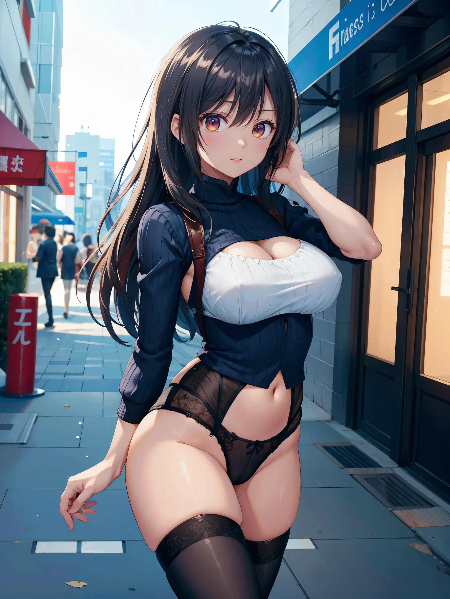 ((Highest quality)), ((masterpiece)), (detailed), One girl, sexy,
 gigantic breasts, Yahagi(Kantai Collection), black hair, long ponytail hair, orange eyes, no clothes, topless, sexy panties, high heels, embarrassed scream, running in street, bouncing breasts,