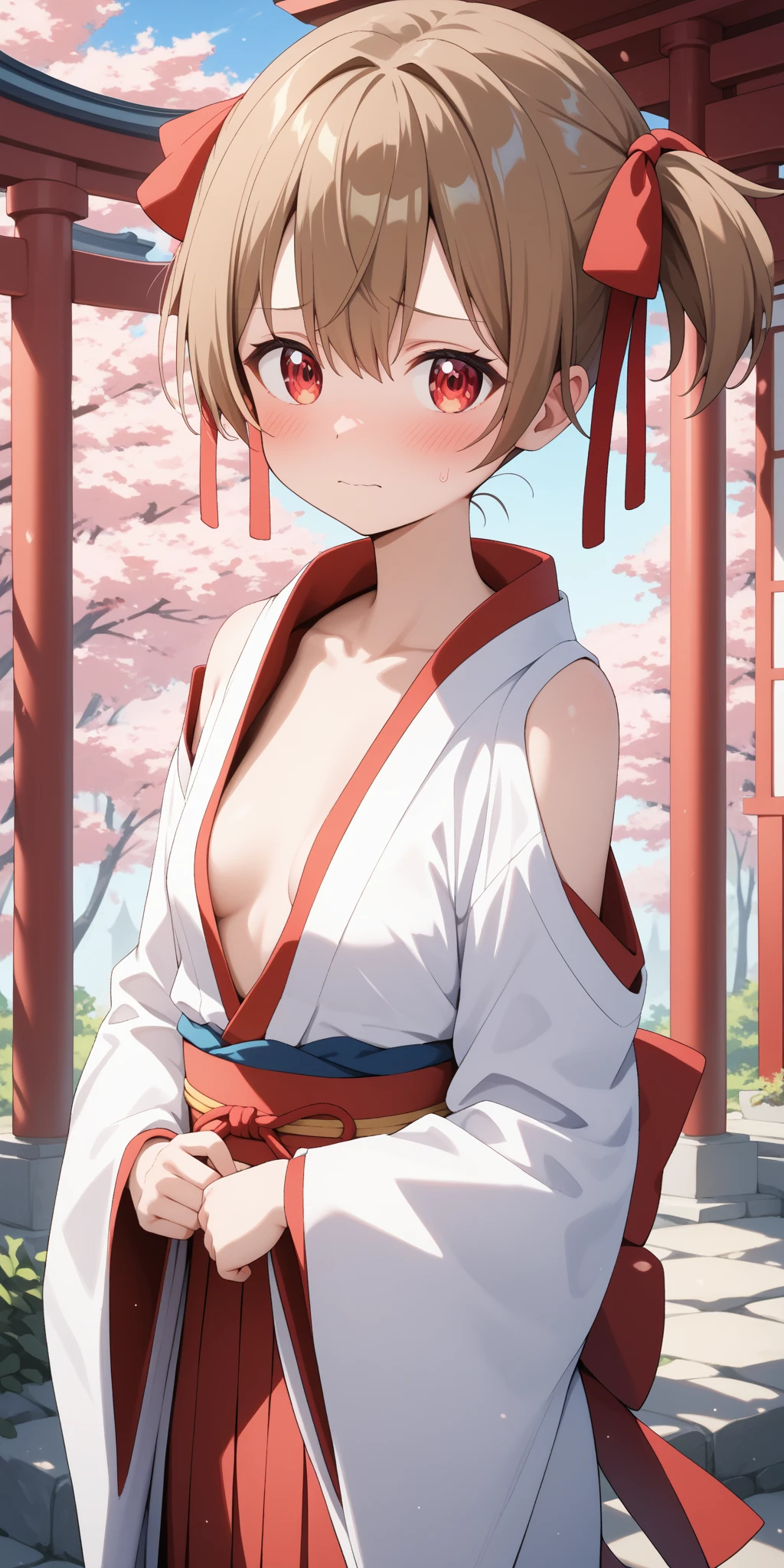 extremely detailed face, vivid color illustration, anime coloring, (kinomoto sakura, short stature:1.4, small breast,solo), kimono, beautiful nipple, show off nipple, no bra, open breast clothes, bottomless, show off pussy, no panties, standing, embarrassed, open mouth, Surprised face, Shinto shrine, front view, looking at viewer,