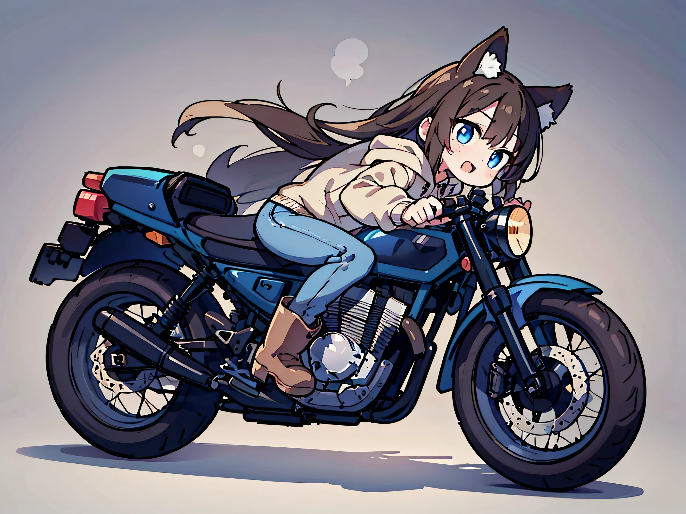 anime style 、 fox ears、 brown hair、 long hair、 woman、 blue eyes 、 double teeth、 beige hoodie 、 jeans、 boots、I'm riding a dark blue motorcycle