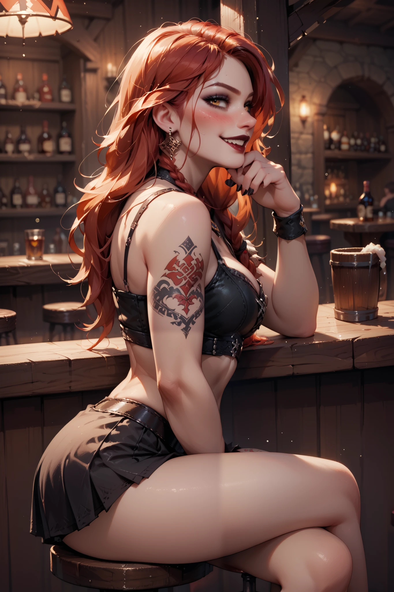 Gothic Viking girl, red hair, 19 years old, orange eyes, perfect figure, third breast size, detailed face, drunk, stitting at the bar, tattooed body, side view, crossed her legs