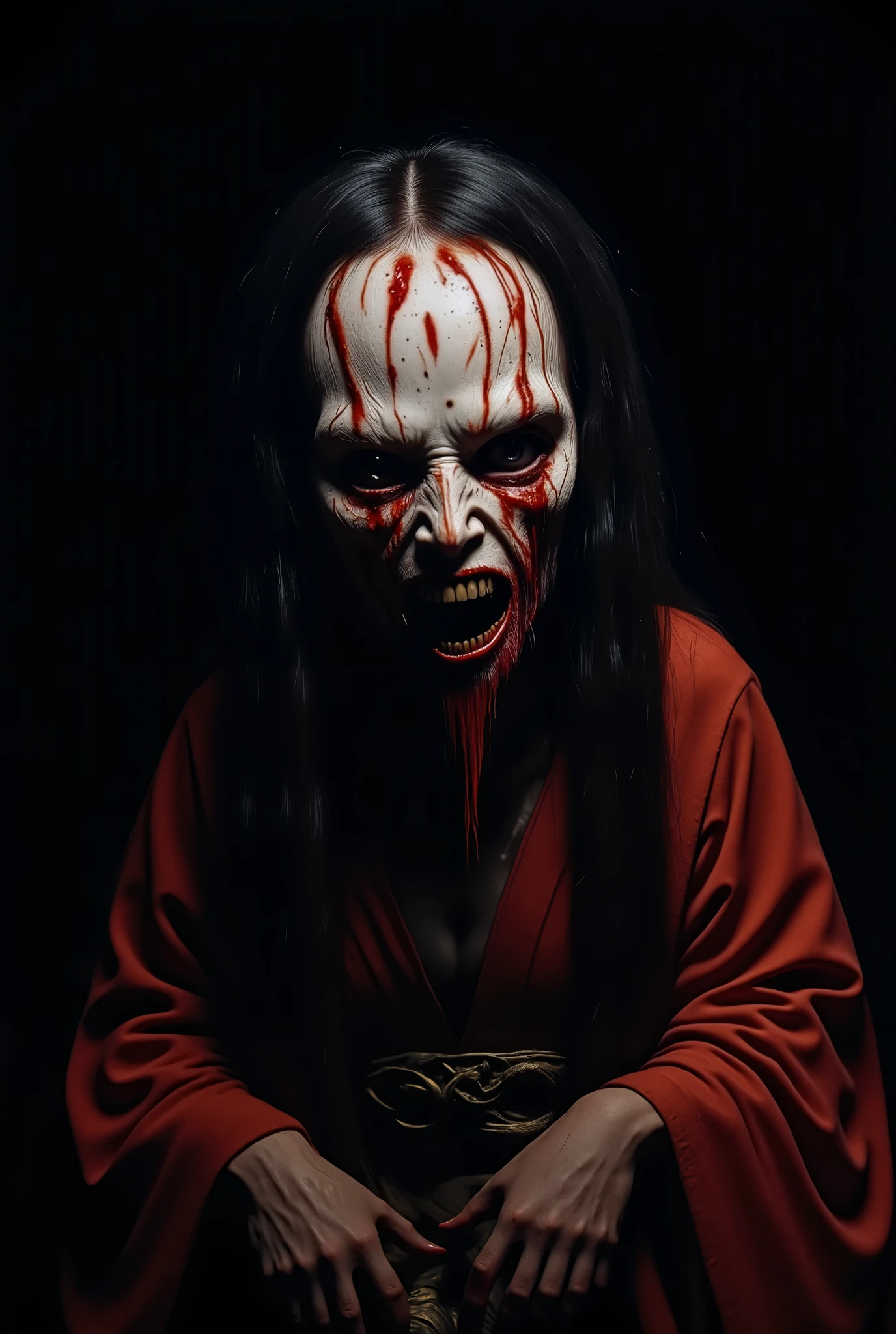 Ultra-detailed, master piece, (best quality:1.5), (high resolution:1.5), (midnight: 1.5), Edo period, On a black background, a very scary and grotesque-looking woman has a ghostly face with long flowing hair, smiling evilly and scaring people. ,ultra-realistic, cinematic, high detail , youkai, Japan, (Super Scary: 1.5), Japanese Horror, Hyper Realistic, Cinematic, Dark Ambient, Ominous Atmosphere, Realistic, Masterpiece