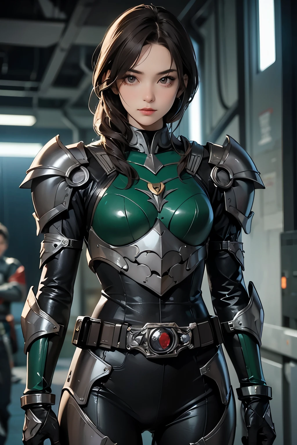 ８ｋ,Realistic skin texture、Superrealism、Realistic photos、Futuristic Japanese female soldier standing amongst rubble、Damaged moss green metal armor、Skull mark on armor、Unit paint and identification number、Peeling paint、oil stains、fighting spirit、Detailed Description、Dynamic pose ，Huge breasts，The only person，blue eyes、whole body:1.4