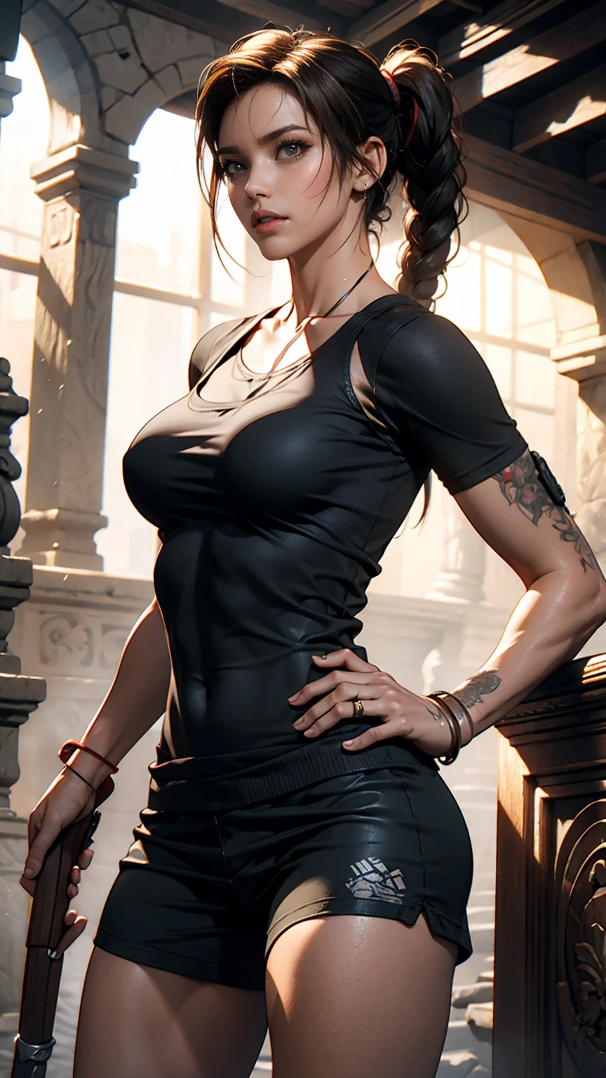 Russian amazingly beautiful woman, mature female soldier, Soviet, [Female Sniper],(obra-prima, qualidade superior, melhor qualidade, arte oficial, beautiful and aesthetic: 1.2),(((bodybuilder))) ,((green eyes)), ((muscular)),fitness,goth makeup,apocalypic_fashion, 1menina, tatuagem batman tattoo, solo, ornamento de cabelo, desembainhamento, cabelo preto, bainha, tatuagem nas costas, olhos azuis, fora do ombro, ombros nus, flor, olhando para o espectador, segurando, maquiagem,