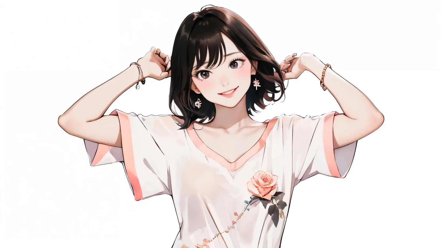 (masterpiece:1.1), best quality, vivid, Sweet girl portrait,
1girl, solo, small earrings, bangs, medium hair, rose, nail polish, peach nails, medium breast, sexual appeal, High contrast, full body, black hair, short hair, looking at viewer, cleavage, smirk, waterpark, arms up, shirt, white shirt, collarbone, short sleeves, t-shirt, oversized shirt