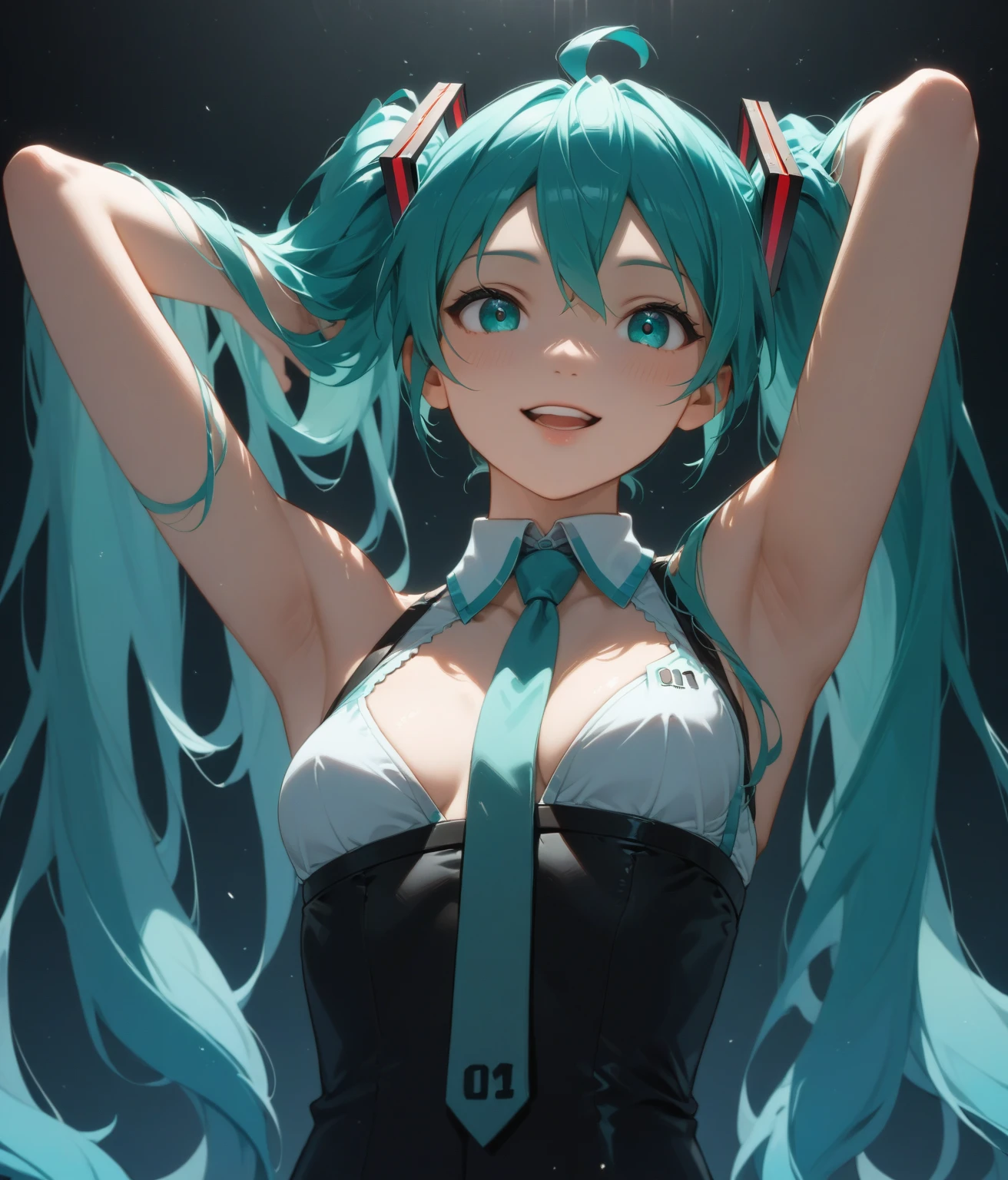 1girl,solo,cowboy shot,standing,(blue green hair:1.3),very long hair, twin tails,bangs,(red hair ornements),(blue green eyes:1.2),(beautiful fingers:1.4),(perfect anatomy:1.4),(arms_behind_back:1.6)(cold_shoulder:1.2),BREAK,(race queen uniform:1.6),(leotard:1.6),(silk lace glossy lamé:1.4),(latex luster shiny glossy:1.6),(shiny_clothes:1.6),medium breasts,beautiful breasts,(masterpiece,best quality:1.2),(Ultra high definition eyes:1.2),8k,(Beautiful detailed eyes:1.2),(Fine and beautiful eyes:1.2),(pretty eyes:1.2),finely detail,extremely CG, absurdres,high resolution,illustration,Detailed and beautiful outlines,finely detail,high resolution,(colorful refraction:1.4,Increase saturation:1.2),beautiful lighting,dynamic lighting,closed room,black background,simple background, smile,looking at viewer,racing2011,black sleeves,(black thigh boots:1.4)