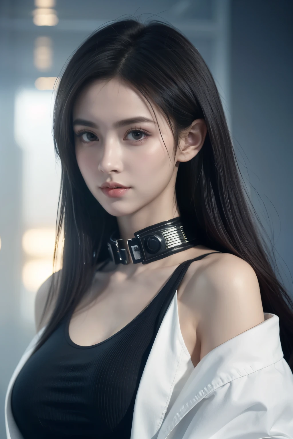 tmasterpiece,Best quality,A high resolution,8K,(Portrait),((Head close-up)),real photograph,digital photography,(Female scientists in sci-fi style),20 year old girl,Random hairstyles,By bangs,(Random Color Eyes),(Random-colored hair),A plump chest,cleavage,Elegant and noble,Serious and indifferent,Open white coat,Black tube top bra,rich details,Keep your mouth shut,Intricate ornaments,Cyberpunk futuristic style,(Female scholars),white backgrounid,oc render reflection texture