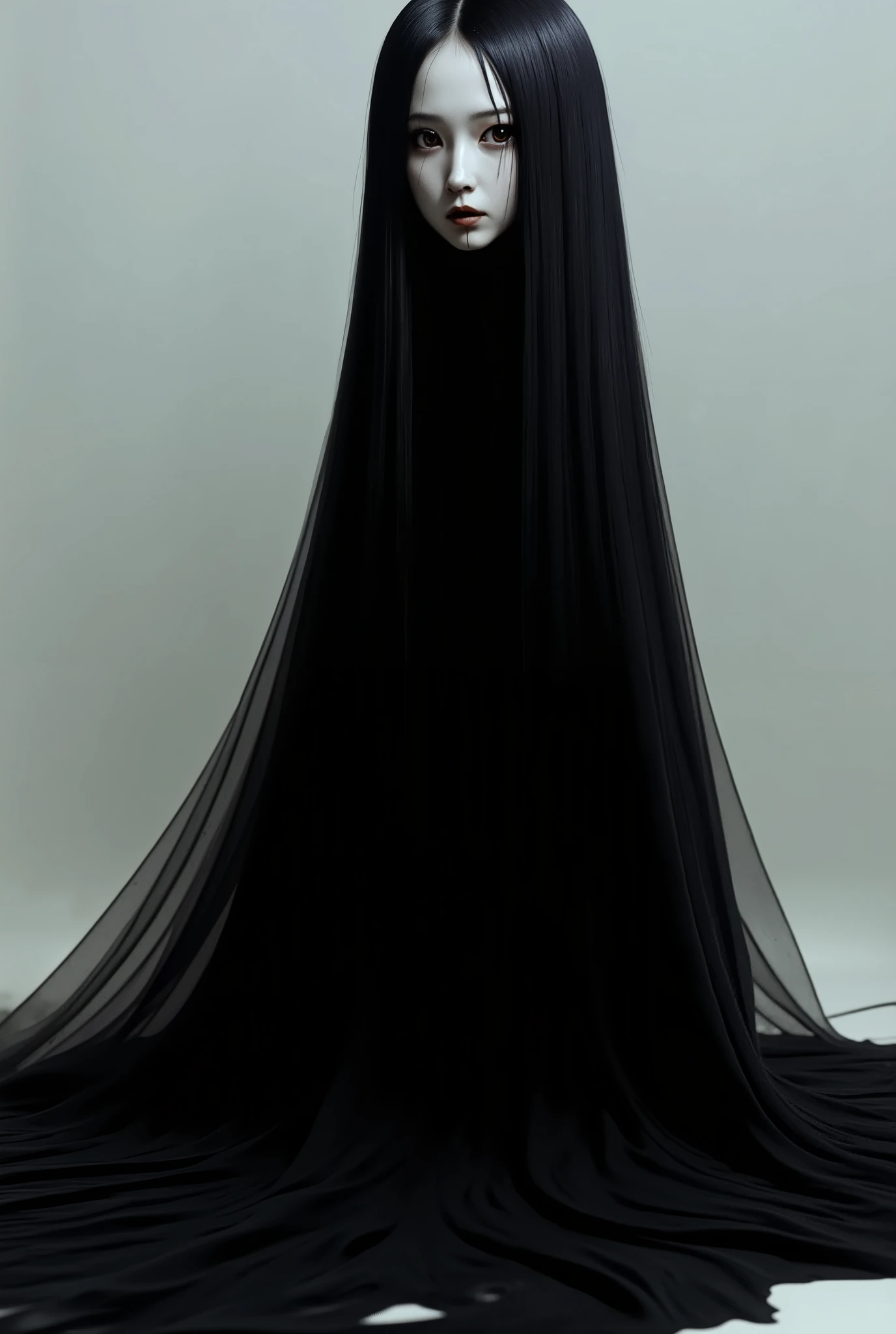 white girl with black hair from head to toe full body.