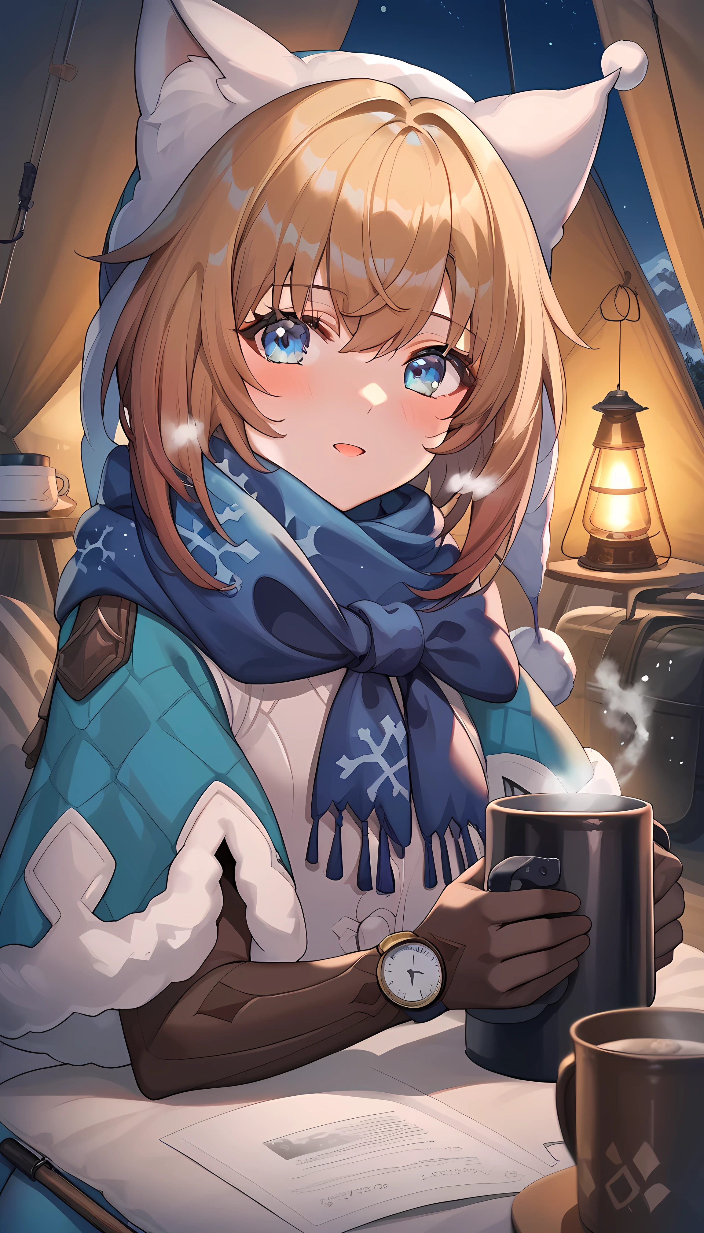 score_9, score_8_ up the side, score_7_ up the side, 1 GIRL, smooth_Anime, lynx landau , Alone, blond hair left and right, short hair, stupid hair, blue eyes, blue capelet with fur trim, scarf, Winter clothes, sweater , fur trim, white vest, blue pantyhose, Watch, Black Elbow Gloves , Long Sleeve, gradation shirt that Furakana has , during, whistle , Snowflake Print , thigh_, mug with hot tea in hand , steam coming out of a mug , Watch Viewers, tent, siting inside tent, tent background, Snow Mountain .