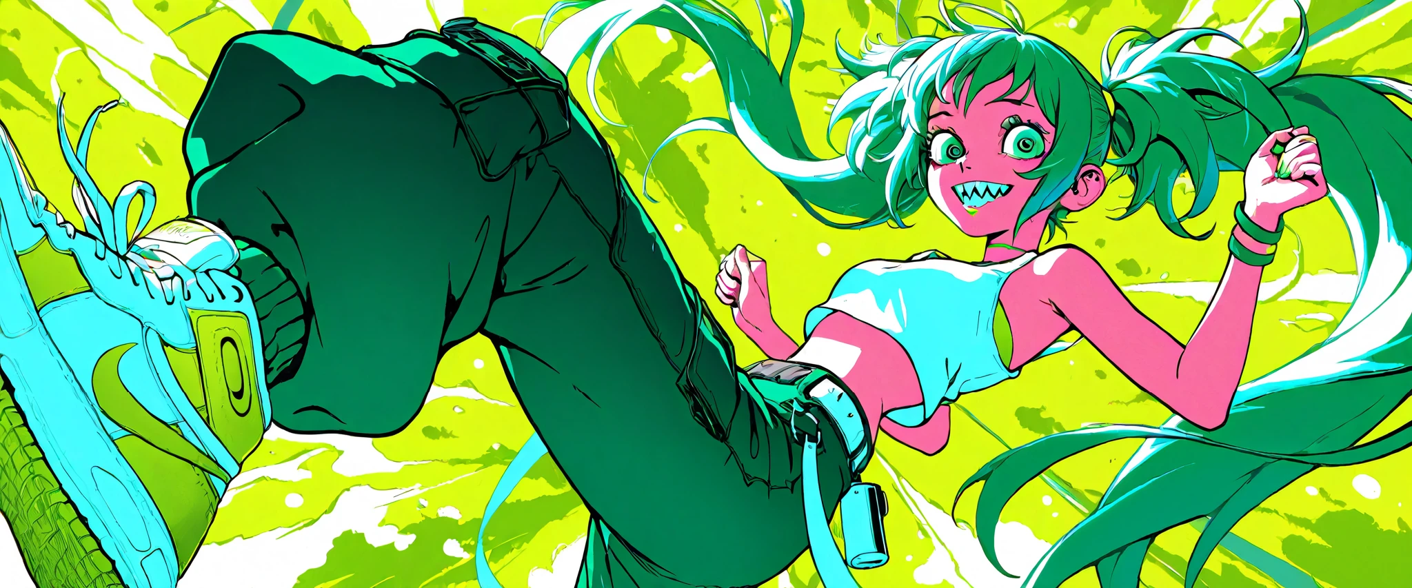 1girl, white twintails, long hair, big eyes, big sharp teeth, white cropped tank top, baggy pants, deep blue and lime green color palette, defined waist, nike sneakers. In the style of Persona, Gorillaz. Millitary acessories. Holding dual Sig Sauers P226.