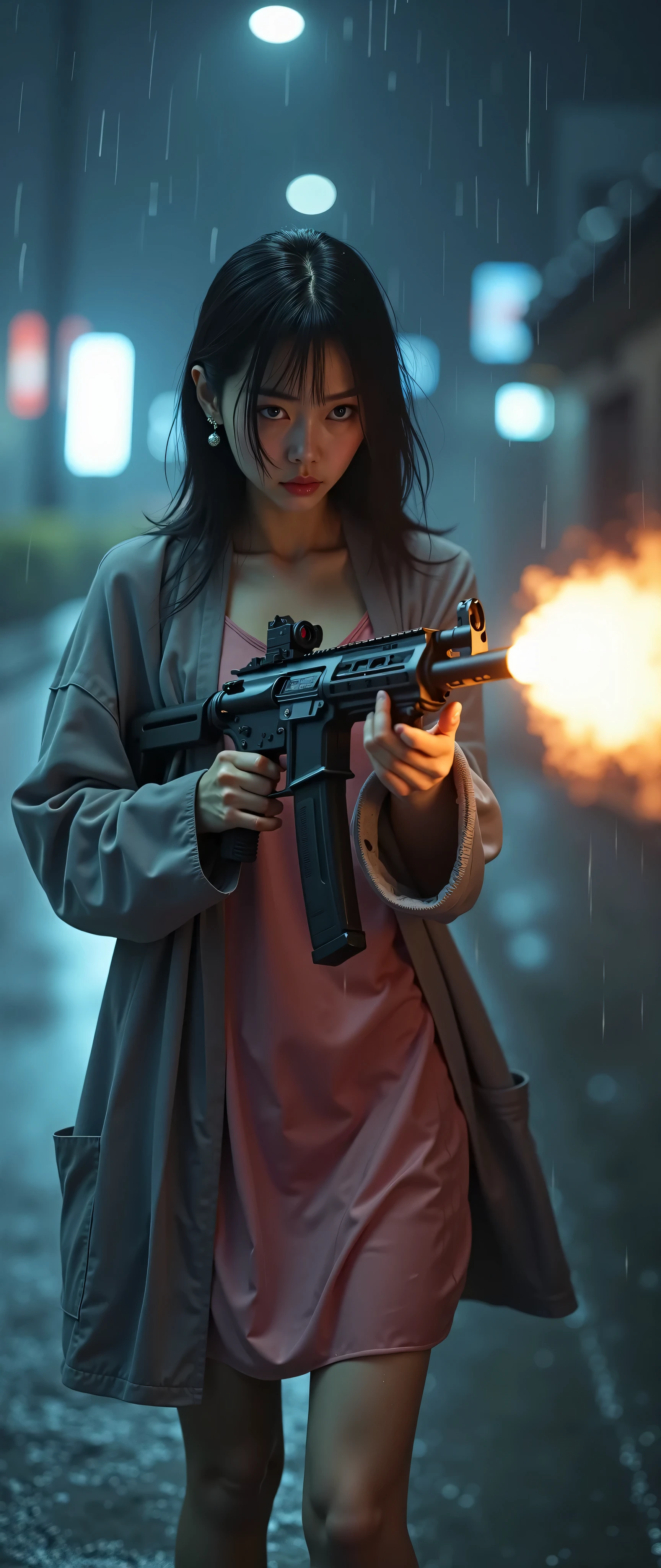 Woman holding a gun in the rain with a fire in her hand - SeaArt AI