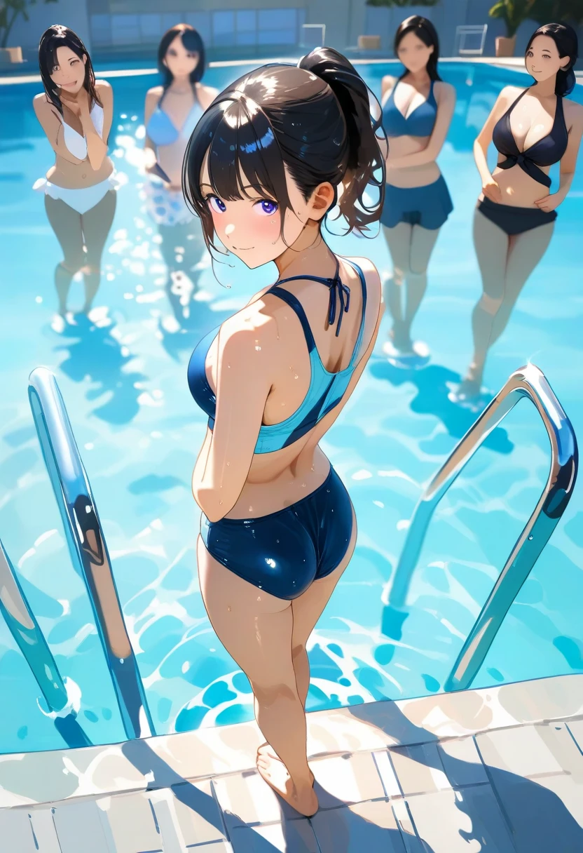 ((A plump and squishy lady:1.3)),((surprise!!:1.3)),(((Women's Lace Panties,((open crotch pantie)),transparent,Erotic lingerie,Big size,Open crotch underwear))),Highest quality、High resolution、Detailed Background、(Beautiful face in every detail:1.4)、A group of exceptionally adorable young girls, around 6 to , are participating in a swimming lesson at a Japanese elementary school. Each girl is wearing a perfectly fitted, bright blue school swimsuit with a cute, small name tag pinned on the front, and a white swim cap that tucks in their neatly arranged hair. The girls have radiant smiles, their eyes wide with enthusiasm as they listen intently to their instructor. The outdoor school pool sparkles under the warm sunlight, with clear, inviting water and soft ripples. The girls' youthful energy and sweetness are captured in their playful interactions as they practice their strokes, some with a bit of playful splashing, while others focus intently on mastering their technique. The backdrop includes a well-maintained schoolyard, with the school building and a few cherry blossom trees adding a touch of natural beauty to the scene. The overall atmosphere is filled with joy, innocence, and a sense of togetherness, making it a heartwarming moment in a typical school day.